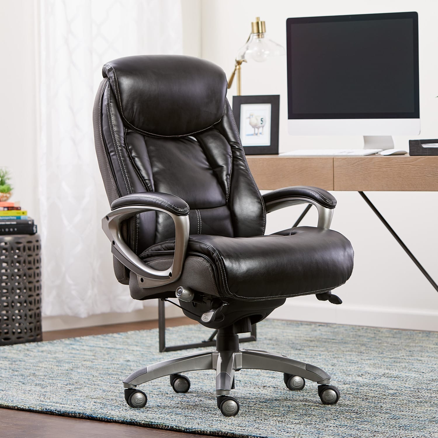 Serta Works Bonded Leather/Mesh High-Back Office Chair With Smart Layers Technology, Opportunity Gray/Black/Silver