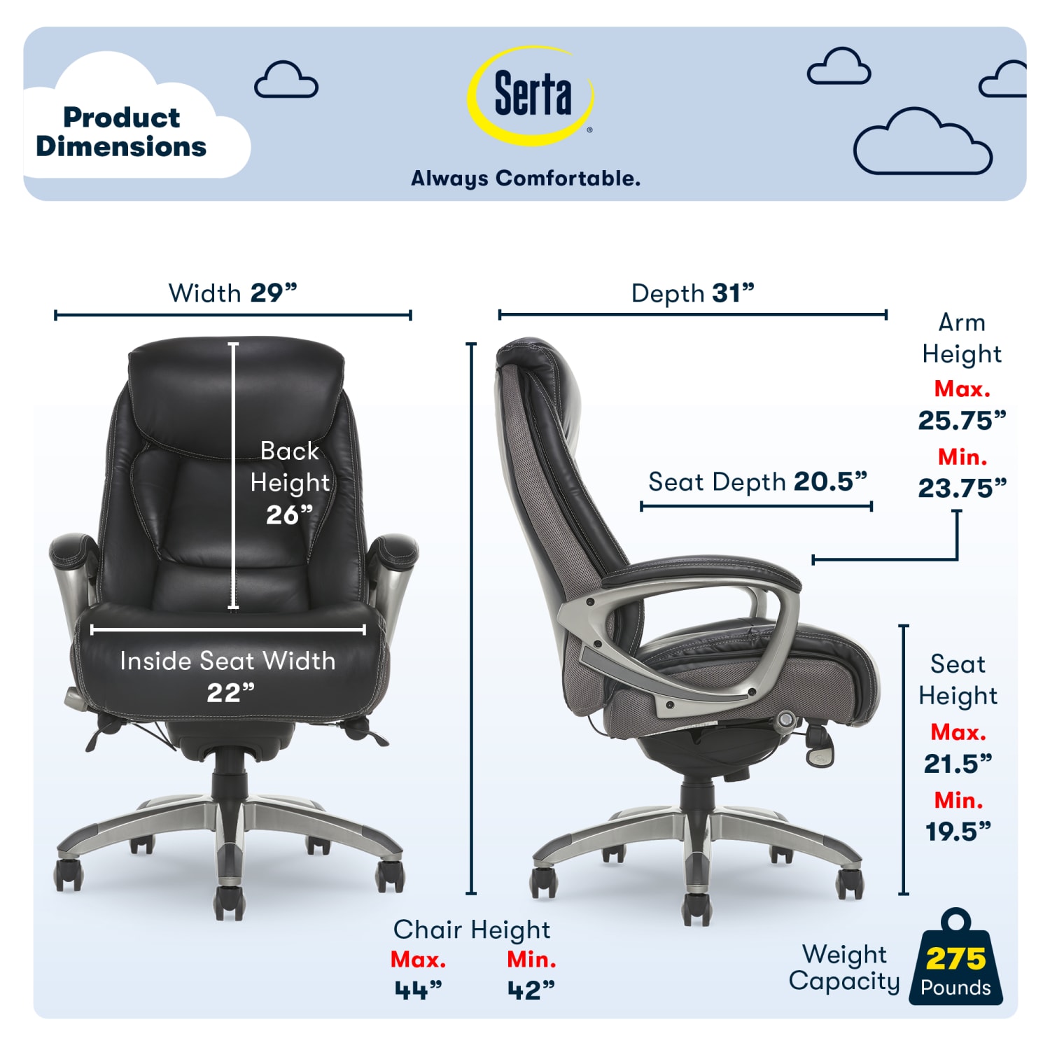 Serta Works Bonded Leather/Mesh High-Back Office Chair With Smart Layers Technology, Opportunity Gray/Black/Silver - Image 3