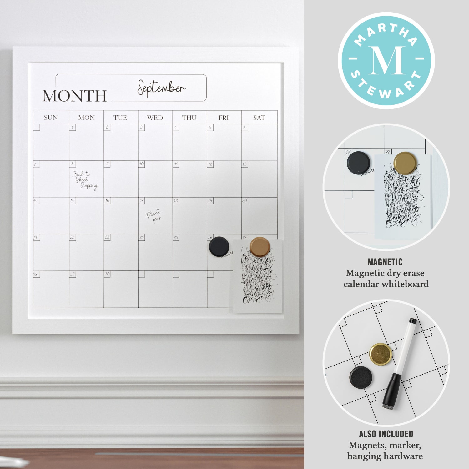 Martha Stewart Everette Magnetic Monthly Calendar Dry-Erase Board, 18in x 18in, White Wood Grain - Image 4