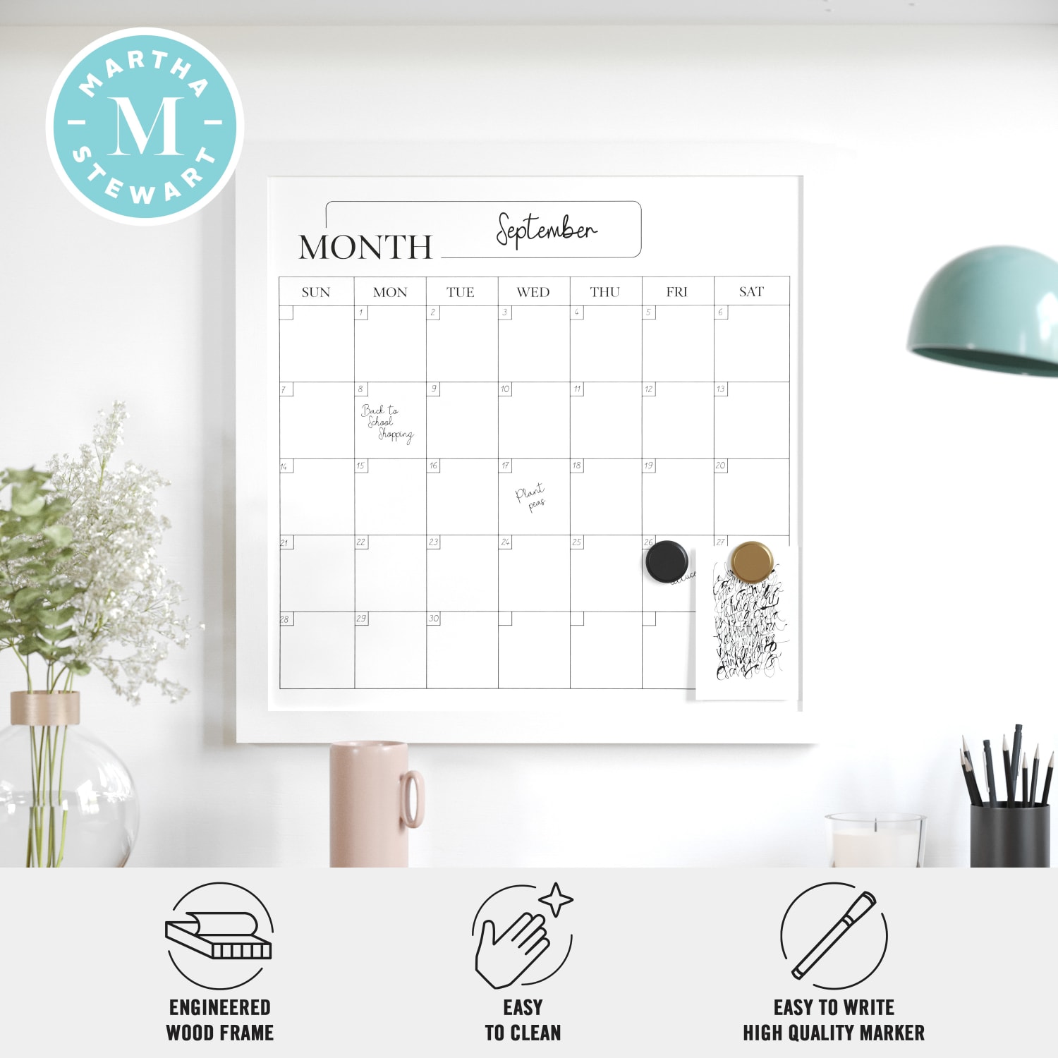 Martha Stewart Everette Magnetic Monthly Calendar Dry-Erase Board, 18in x 18in, White Wood Grain - Image 5
