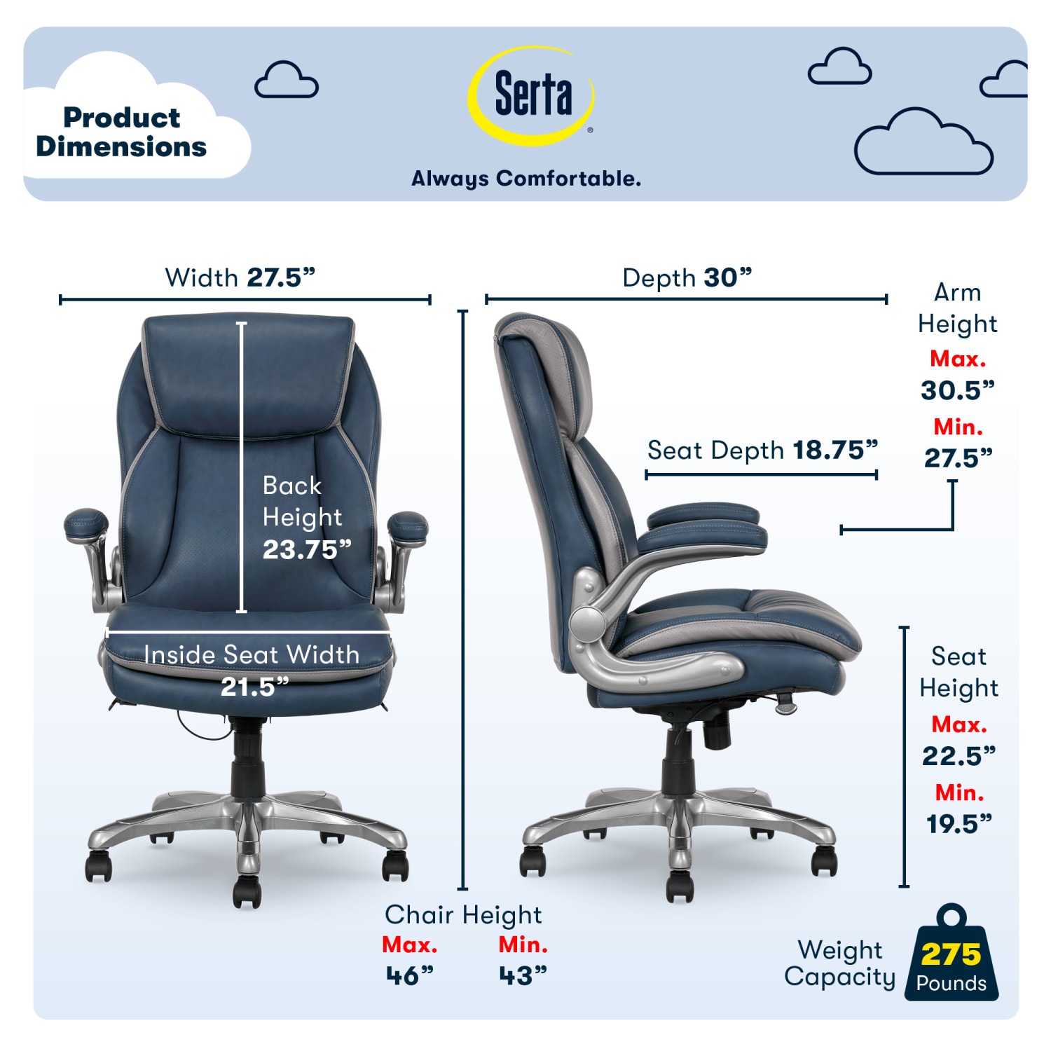 Serta Smart Layers Brinkley Ergonomic Bonded Leather High Back Executive Office Chair NavySilver PopularChairscom