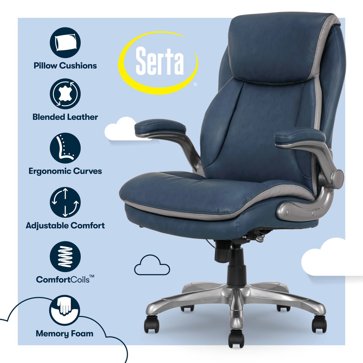Serta Smart Layers Brinkley Ergonomic Bonded Leather High Back Executive Office Chair NavySilver PopularChairscom