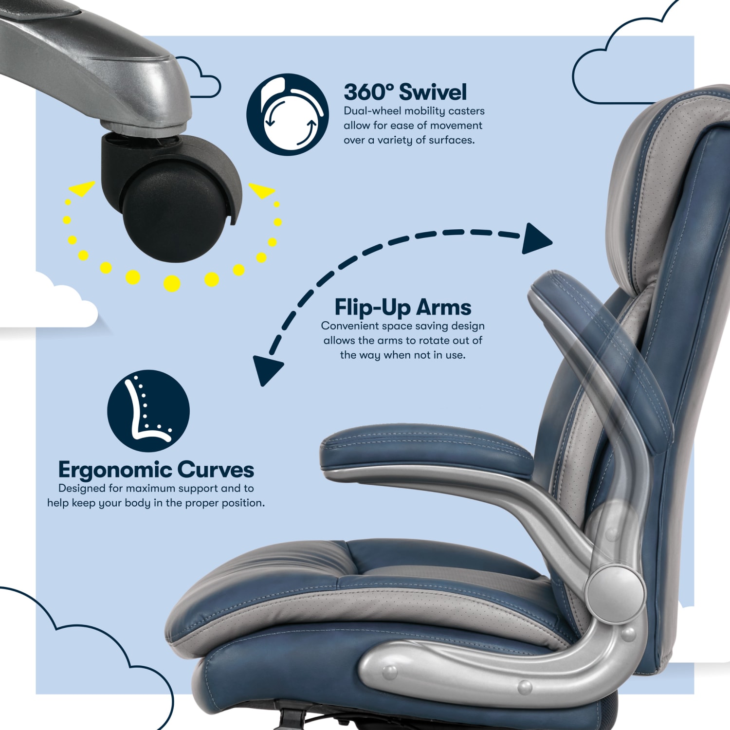 Serta Smart Layers Brinkley Ergonomic Bonded Leather High Back Executive Office Chair NavySilver PopularChairscom