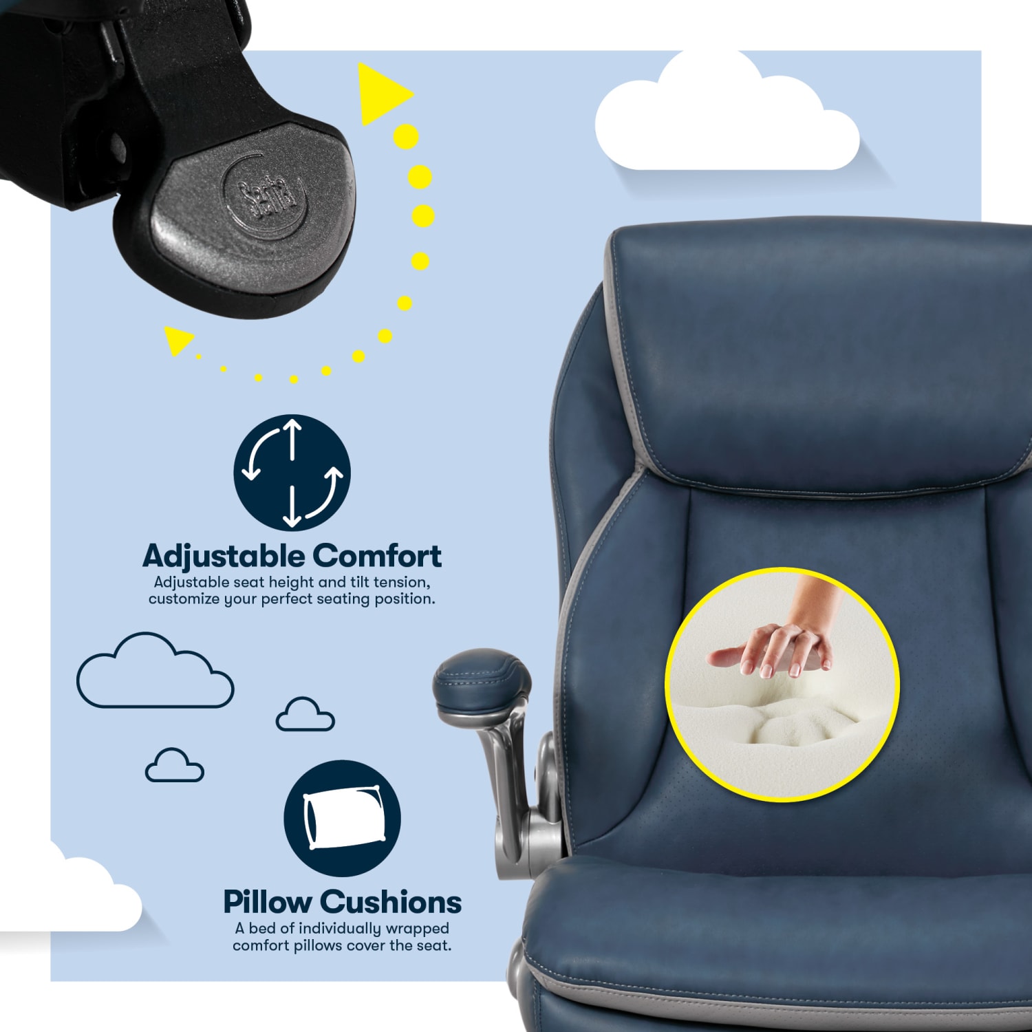 Serta Smart Layers Brinkley Ergonomic Bonded Leather High Back Executive Office Chair NavySilver PopularChairscom