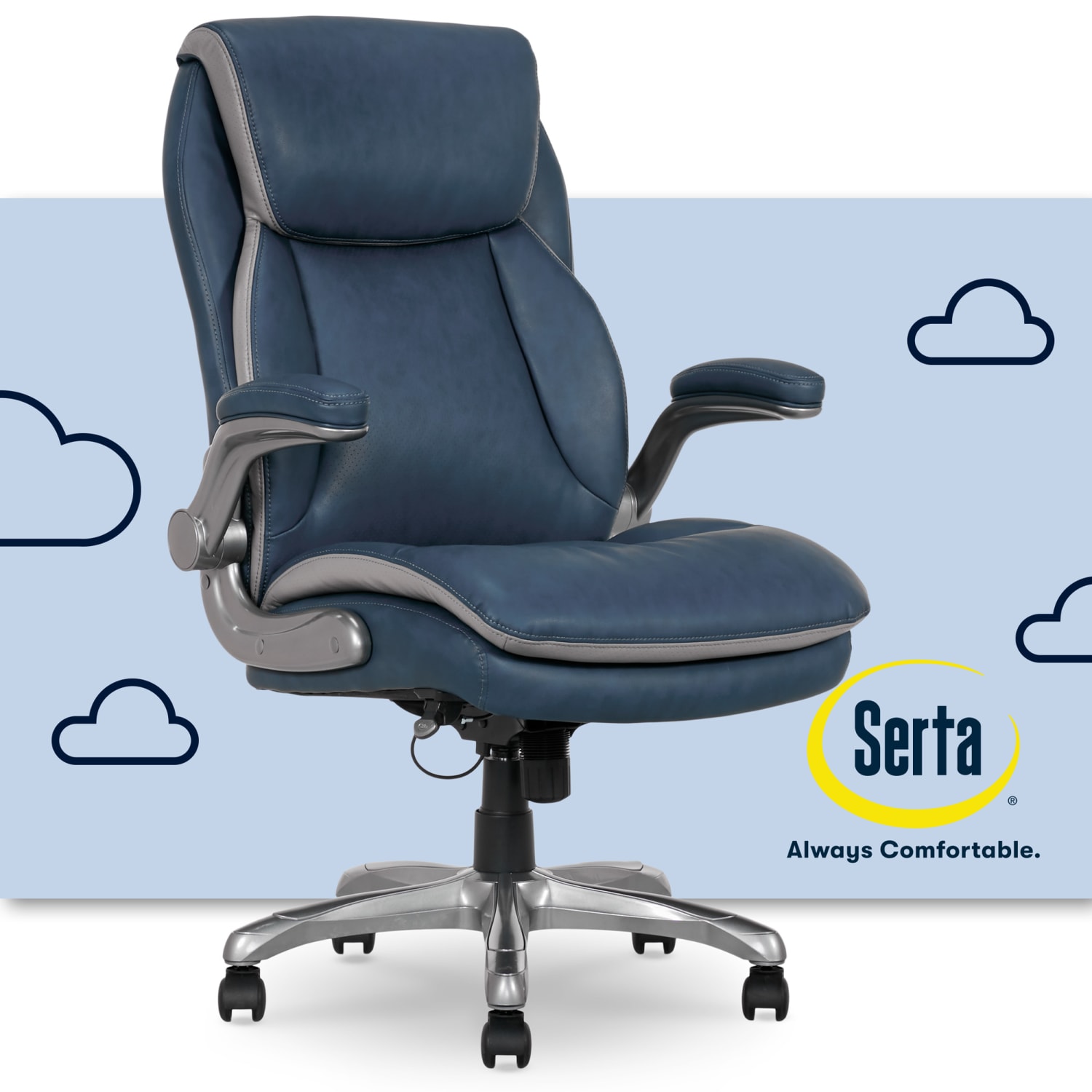 Serta Smart Layers Brinkley Ergonomic Bonded Leather High Back Executive Office Chair NavySilver PopularChairscom