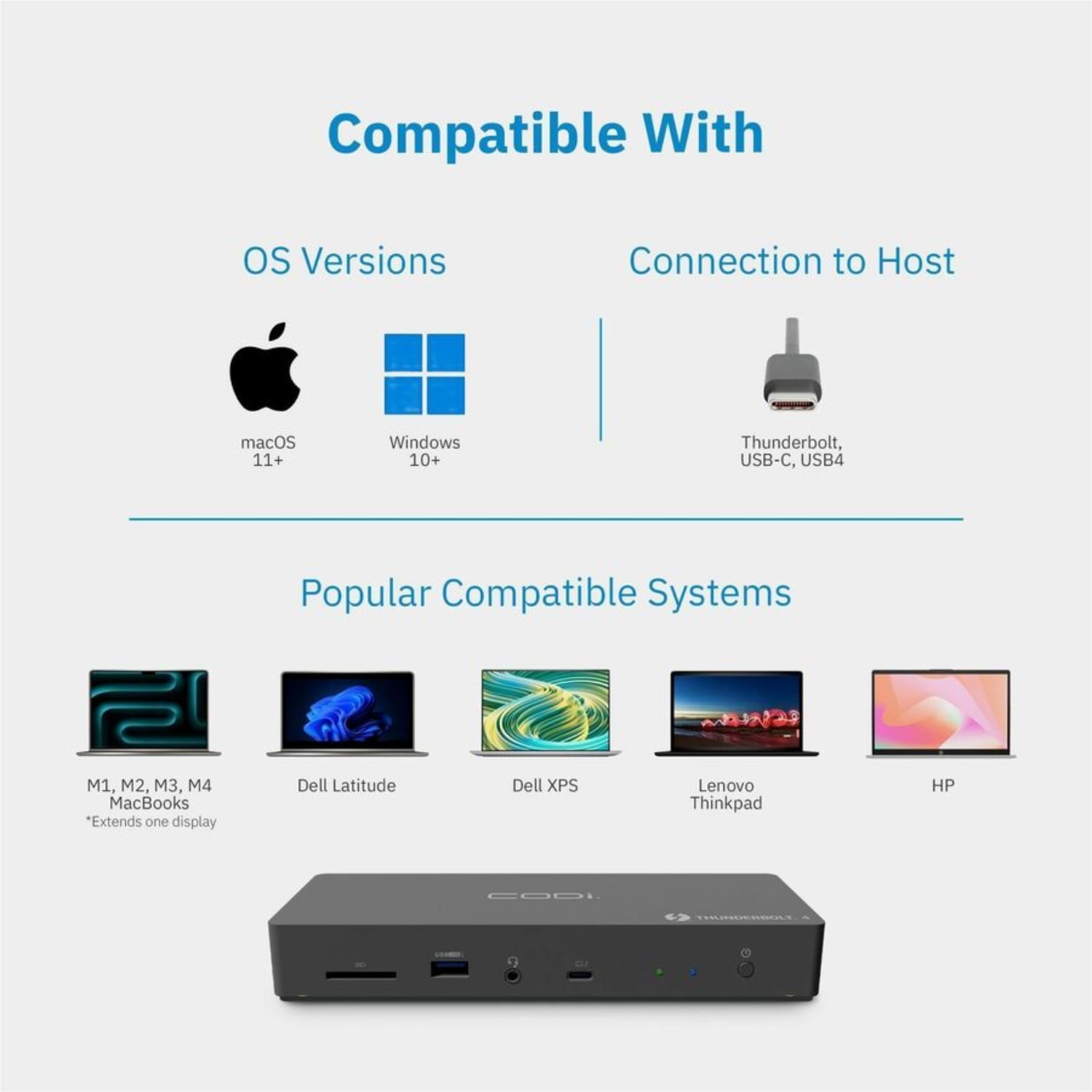 CODi Centro T4 10-in-1 Thunderbolt 4 Docking Station - Charging Capability - Memory Card Reader - SD - Thunderbolt 4 - 2 Displays Supported - 4K @ 60Hz, 4K @ 120Hz, 8K @ 30Hz - 3840 x 2160, 7680 x 4320 - 4 x USB Ports - 4 x USB Type-A Ports - Image 3