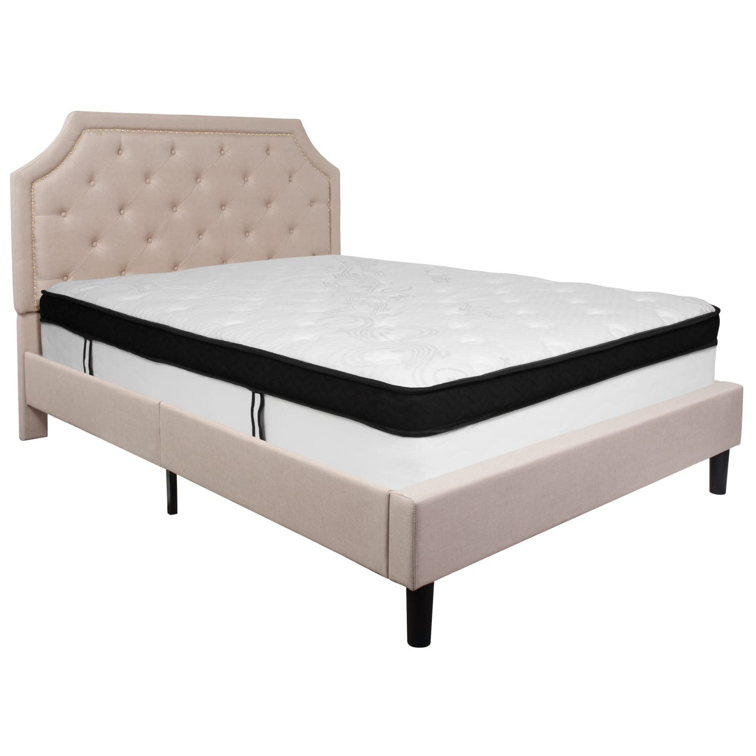 Flash Furniture Brighton Arched Tufted Upholstered Platform Bed And Memory Foam Pocket Spring Mattress, Queen, Beige - Image 3