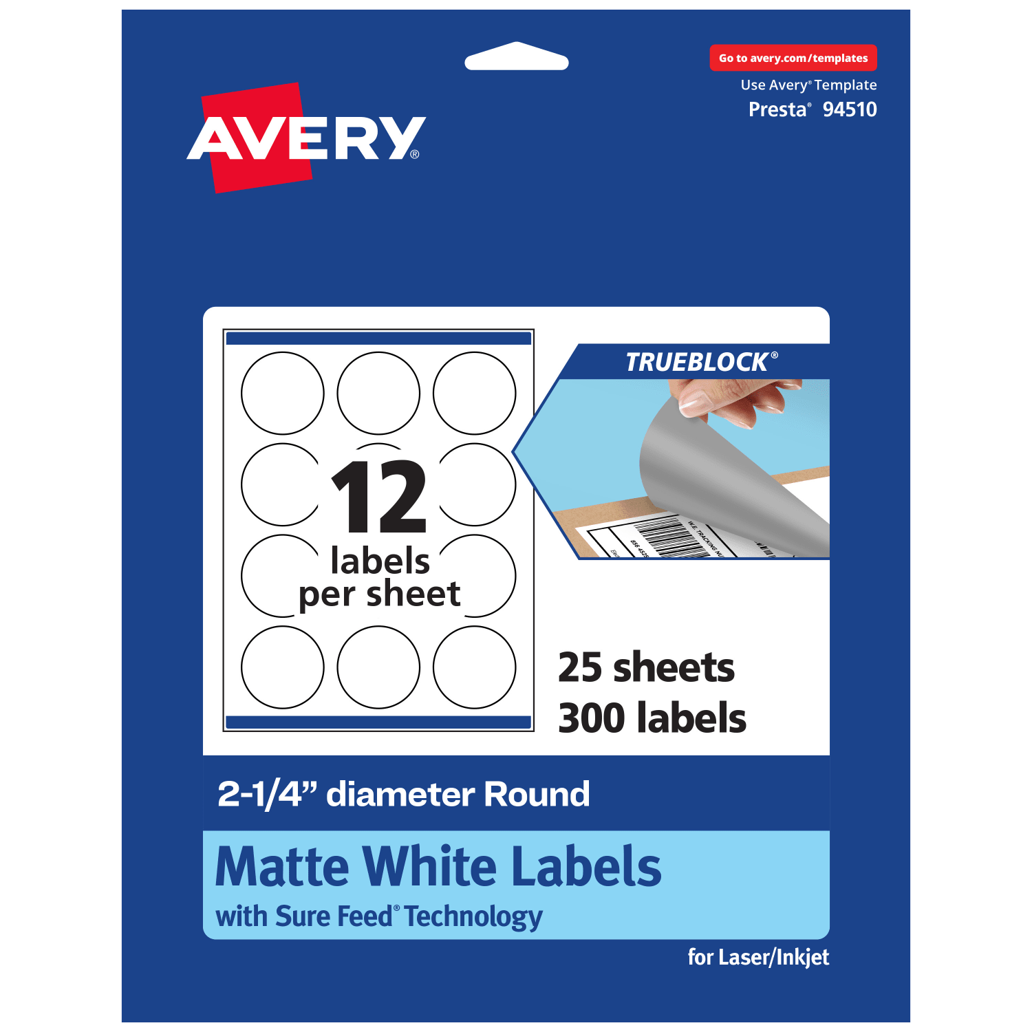 Avery Print-To-The-Edge TrueBlock Labels With Sure Feed, 94510-TWMP25, Round, 2-1/4in, Matte White, Pack Of 300