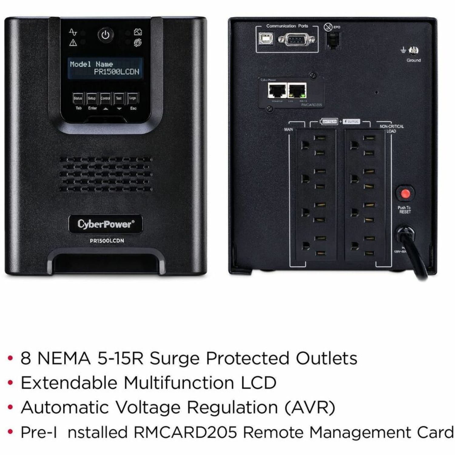 CyberPower PR1500LCDN Smart App Sinewave UPS Systems - 1500VA/1500W, 120 VAC, NEMA 5-15P, Mini-Tower, Sine Wave, 8 Outlets, LCD, PowerPanel Business, $375000 CEG, 3YR Warranty - Image 3