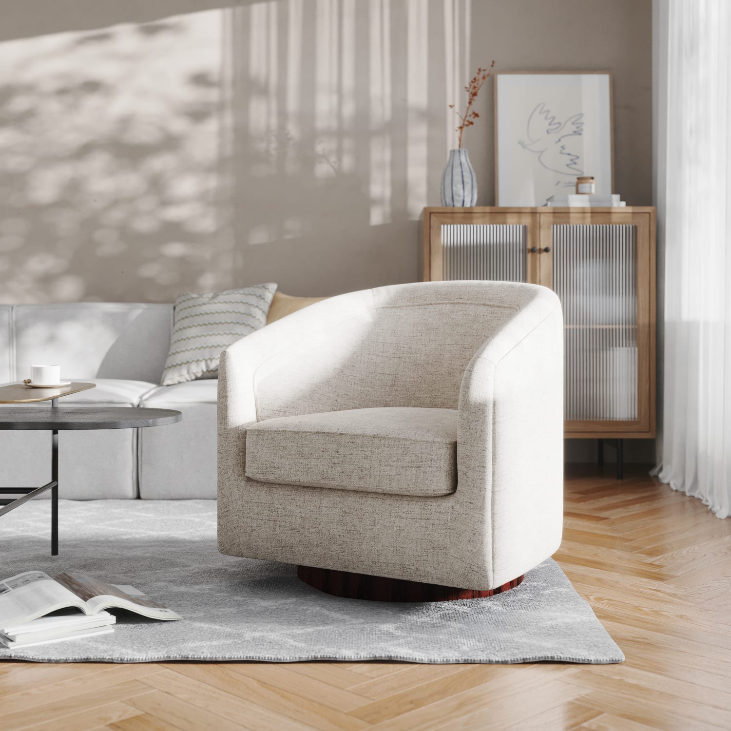 Flash Furniture Dean Club Style Commercial Fabric Barrel Accent Armchair with 360 Degree Swivel Metal Base and Sloped Armrests Cream PopularChairscom