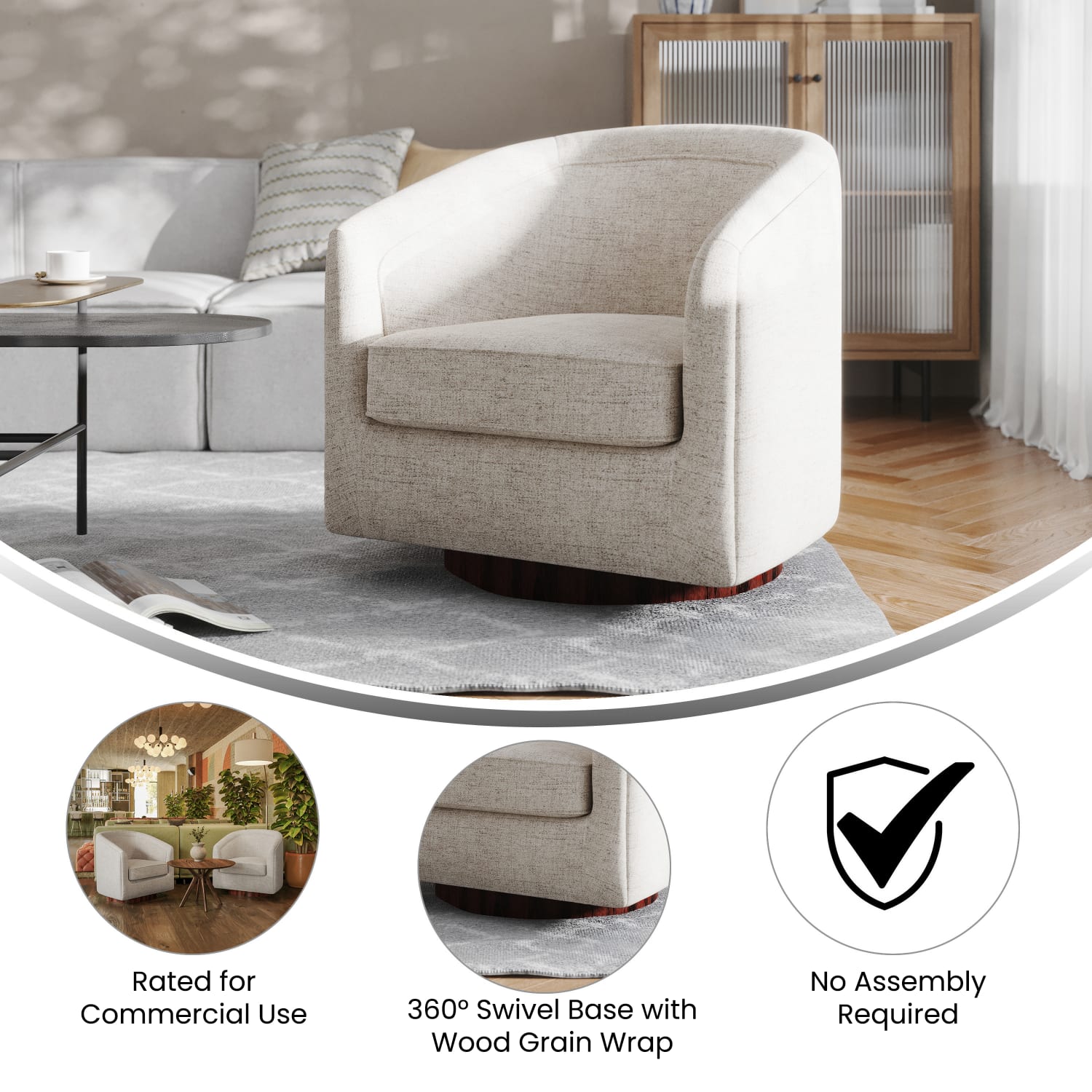 Flash Furniture Dean Club Style Commercial Fabric Barrel Accent Armchair with 360 Degree Swivel Metal Base and Sloped Armrests, Cream - Image 4