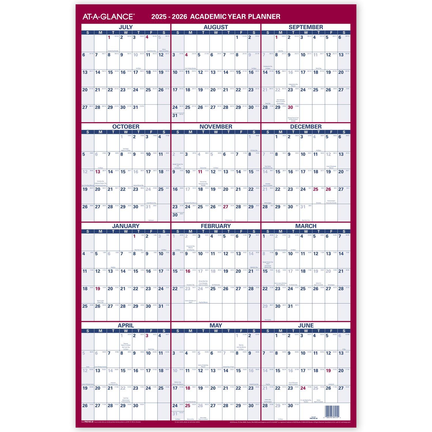 AT-A-GLANCE Vertical Reversible Erasable Academic and Regular Year 2025-2026 Wall Calendar, Large, 36in x 24in
