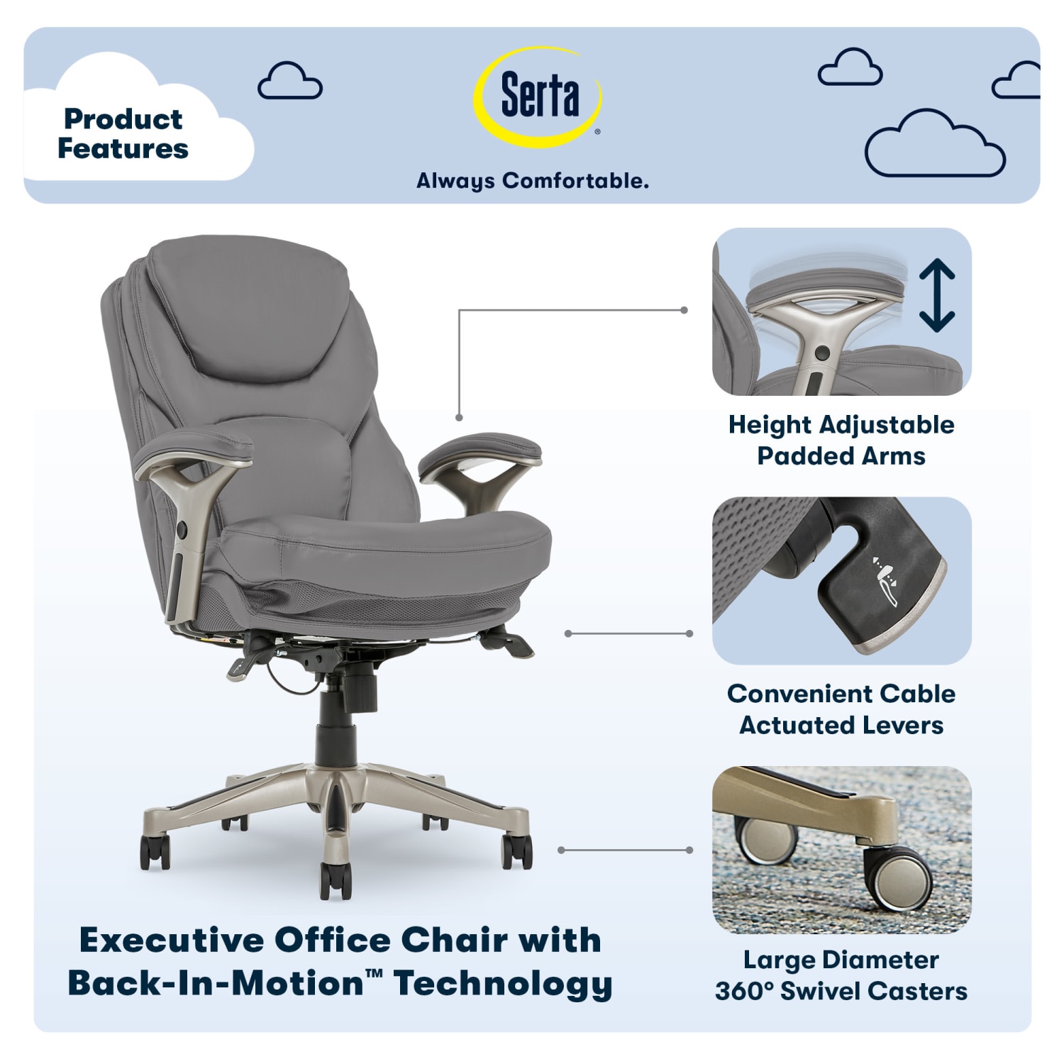 Serta Claremont Ergonomic Bonded Leather Mid Back Office Chair Gray PopularChairscom