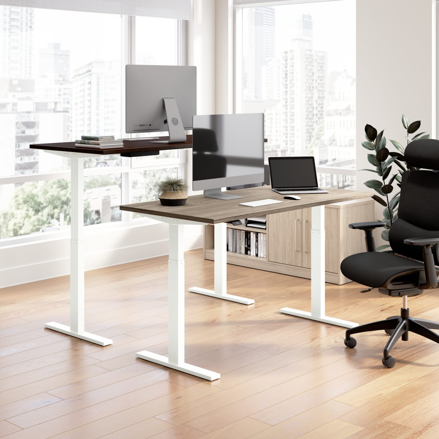 Bush Business Furniture Move 60 Series 60inW Height Adjustable L Shaped Standing Desk, Mocha Cherry/Cool Gray Metallic, Standard Delivery - Image 3