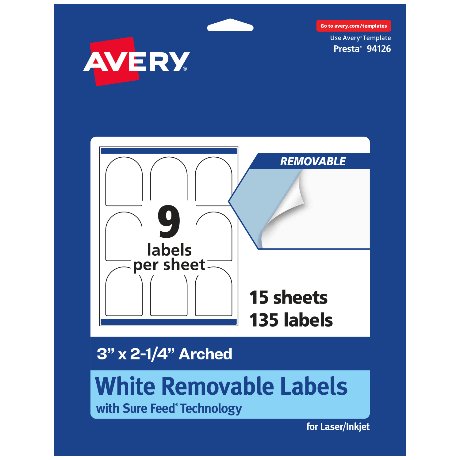 Avery Removable Labels With Sure Feed, 94126-RMP15, Arched, 3in x 2-1/4in, White, Pack Of 135 Labels
