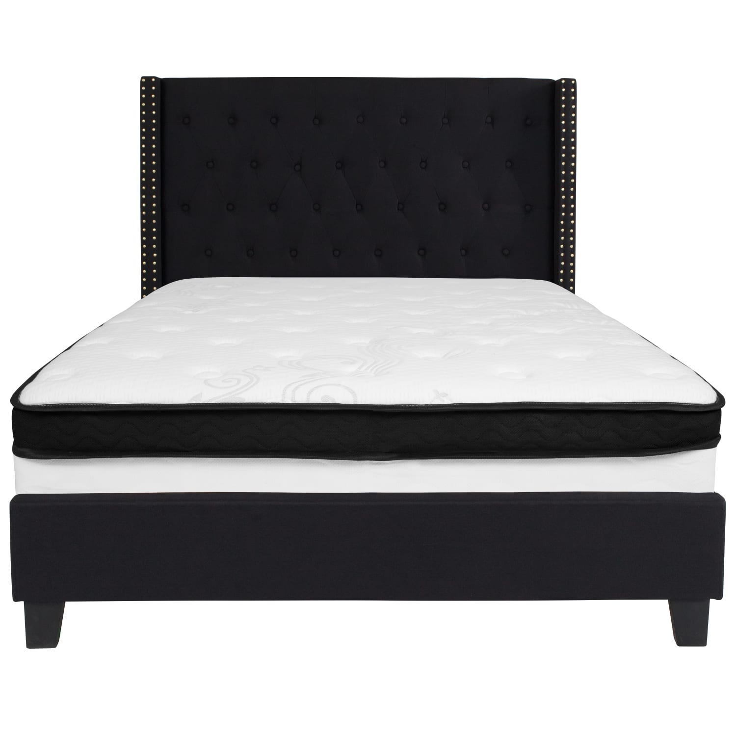 Flash Furniture Riverdale Tufted Upholstered Platform Bed With Accent Nail Trimmed Extended Sides And Memory Foam Pocket Spring Mattress, Full, Black - Image 6