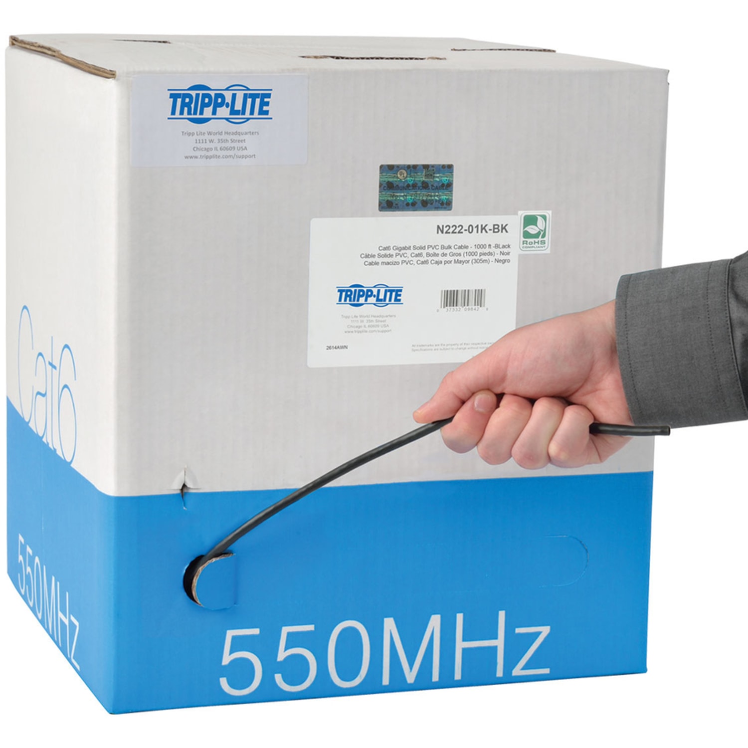 Eaton Tripp Lite Series Cat6 Gigabit Solid Core UTP PVC Bulk Ethernet Cable, Black, 1000 ft. (304.8 m), TAA - N22201KBK - Image 3