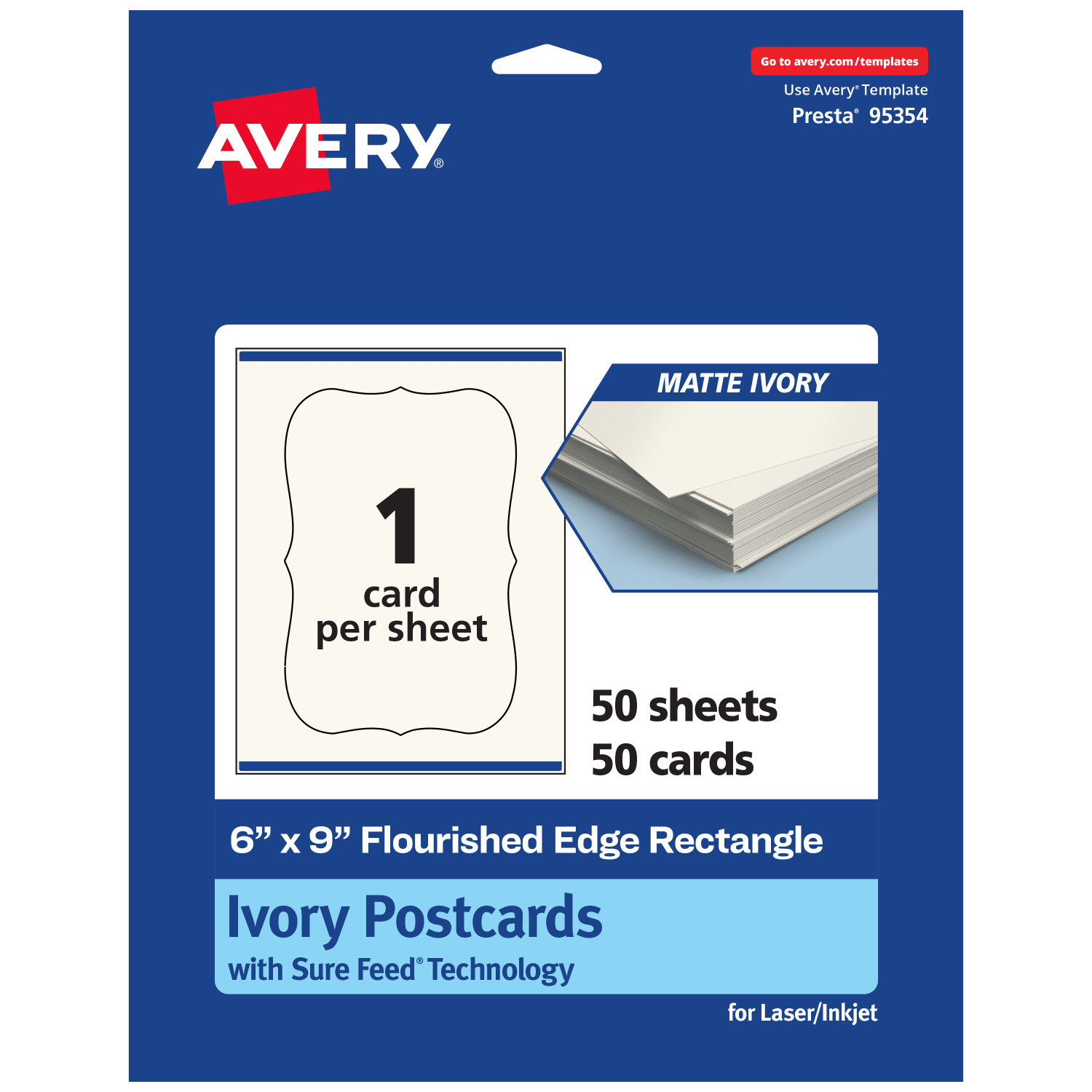 Avery Printable Postcards With Sure Feed Technology, 6in x 9in Rectangle Flourished Edge, Matte Ivory, Pack Of 50