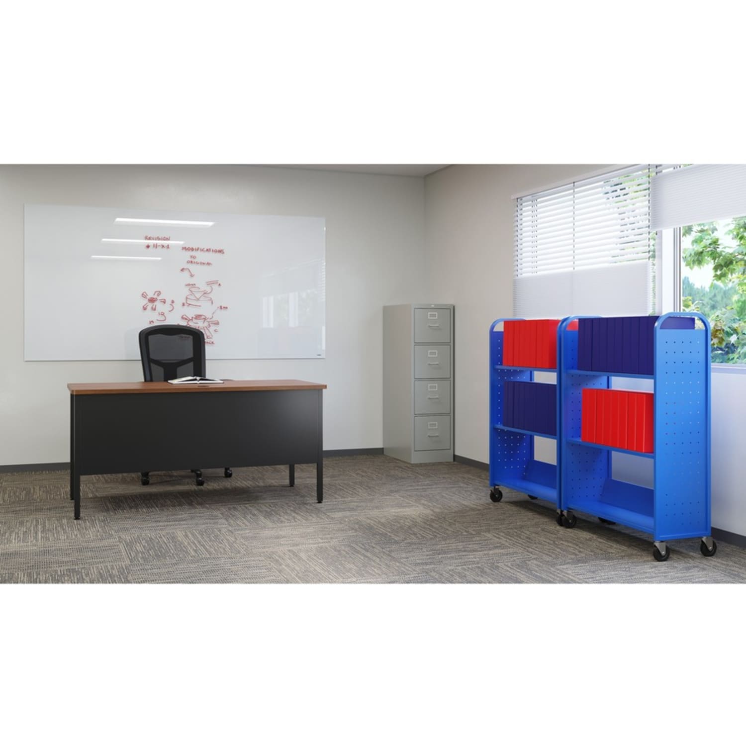 Lorell Single-Sided Mobile Steel Book Cart, 3-Shelf, Blue - Image 6