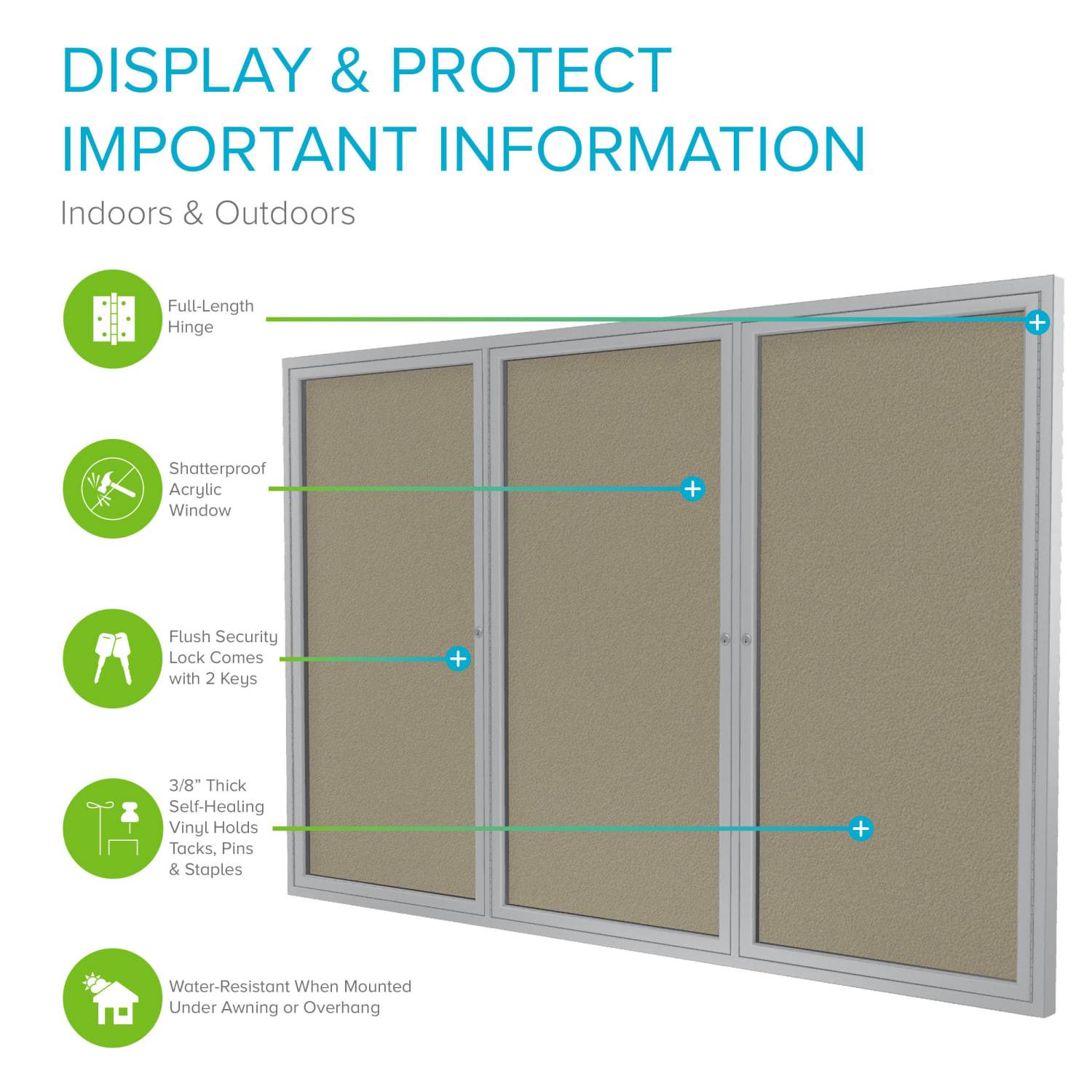 Ghent 3 Door Enclosed Vinyl Bulletin Board, Satin Aluminum Frame, 48inH x 72inW, Caramel - Image 3
