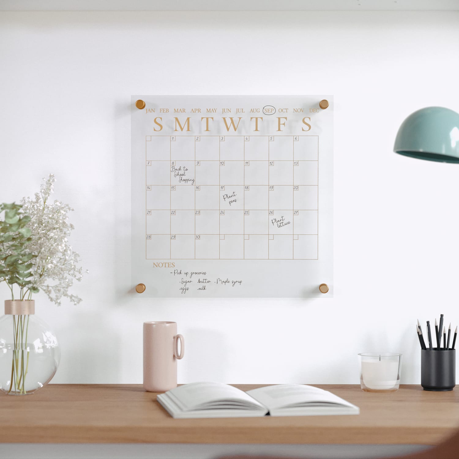 Martha Stewart Grayson Monthly Acrylic Wall Calendar, 14in x 14in, Clear/Gold/Black, Undated