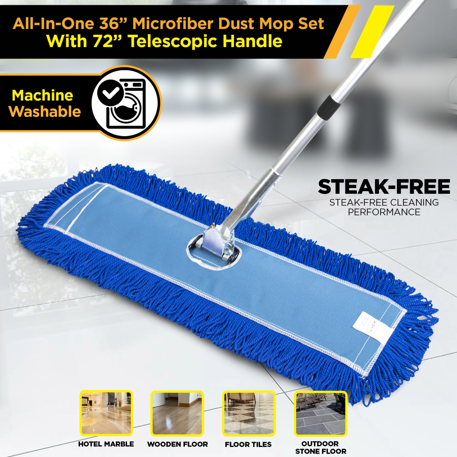 Gritt Commercial All-In-One Microfiber Dust Mop Set With 72in Telescopic Handle, 36in, Blue/Silver - Image 6
