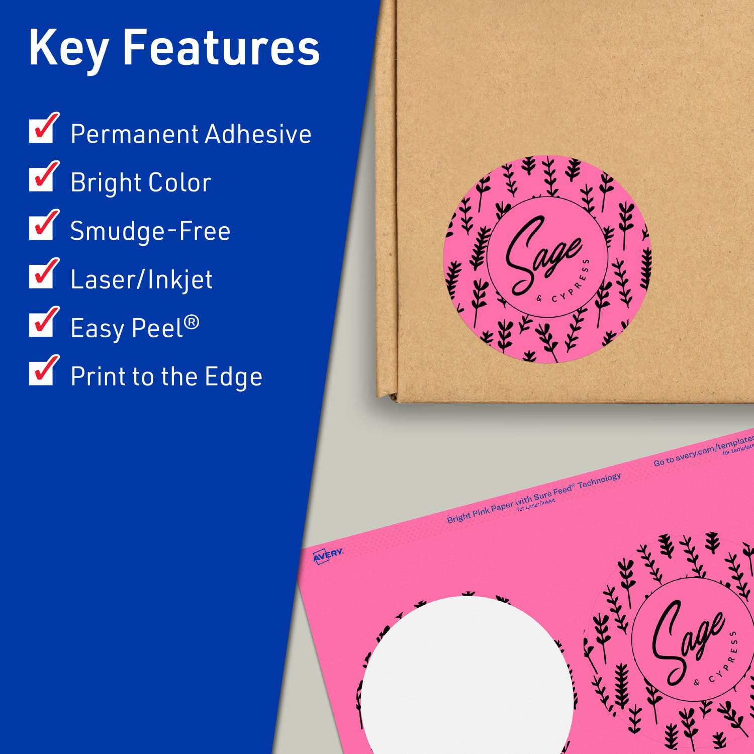 Avery Print-To-The-Edge Labels With Sure Feed Technology And Easy Peel Label Feature, 94514-BPP40, Round, 3-1/2in, Matte Bright Pink, Pack of 160 - Image 3