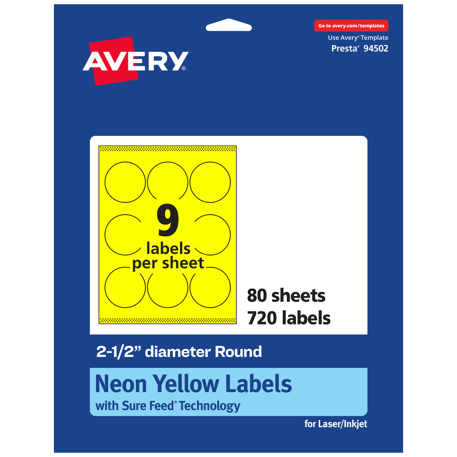 Avery Print-To-The-Edge Labels With Sure Feed Technology, 94502-NYP80, Round, 2-1/2in, Matte Neon Yellow, Pack of 720 - Image 3