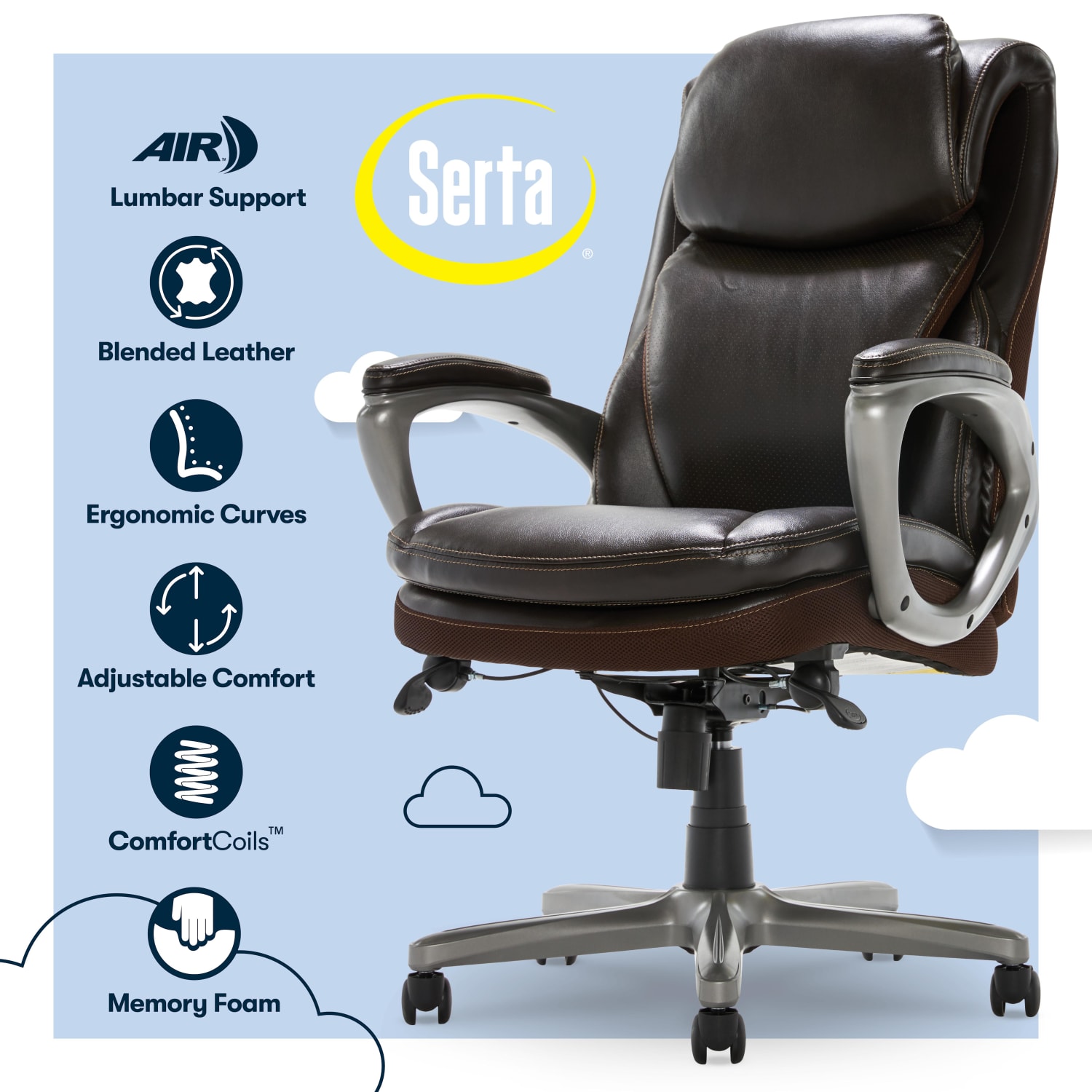 Serta Smart Layers Arlington AIR Ergonomic Bonded Leather High Back Executive Chair Brown PopularChairscom