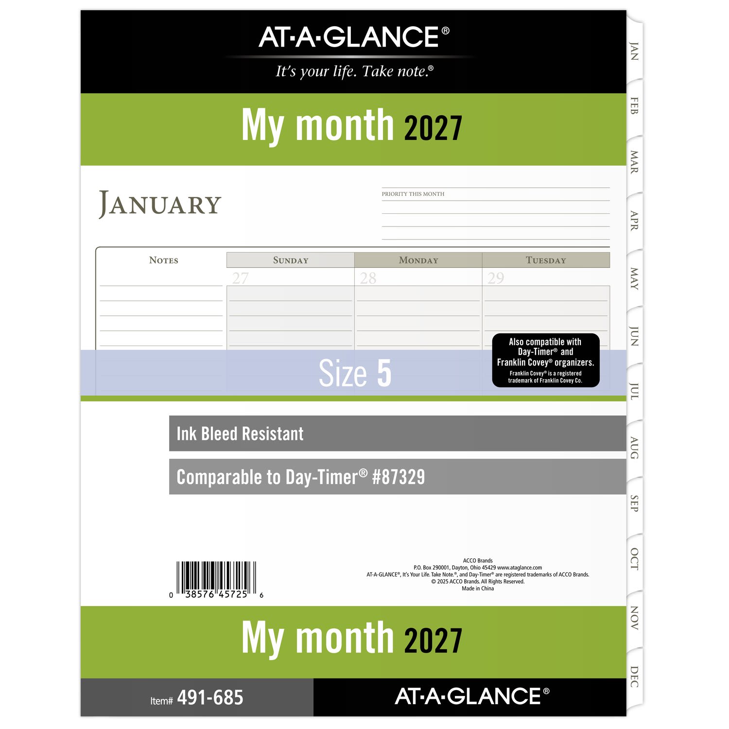 AT-A-GLANCE 2027 Monthly Planner Refill, Loose-Leaf, Folio Size, 8 1/2in x 11in