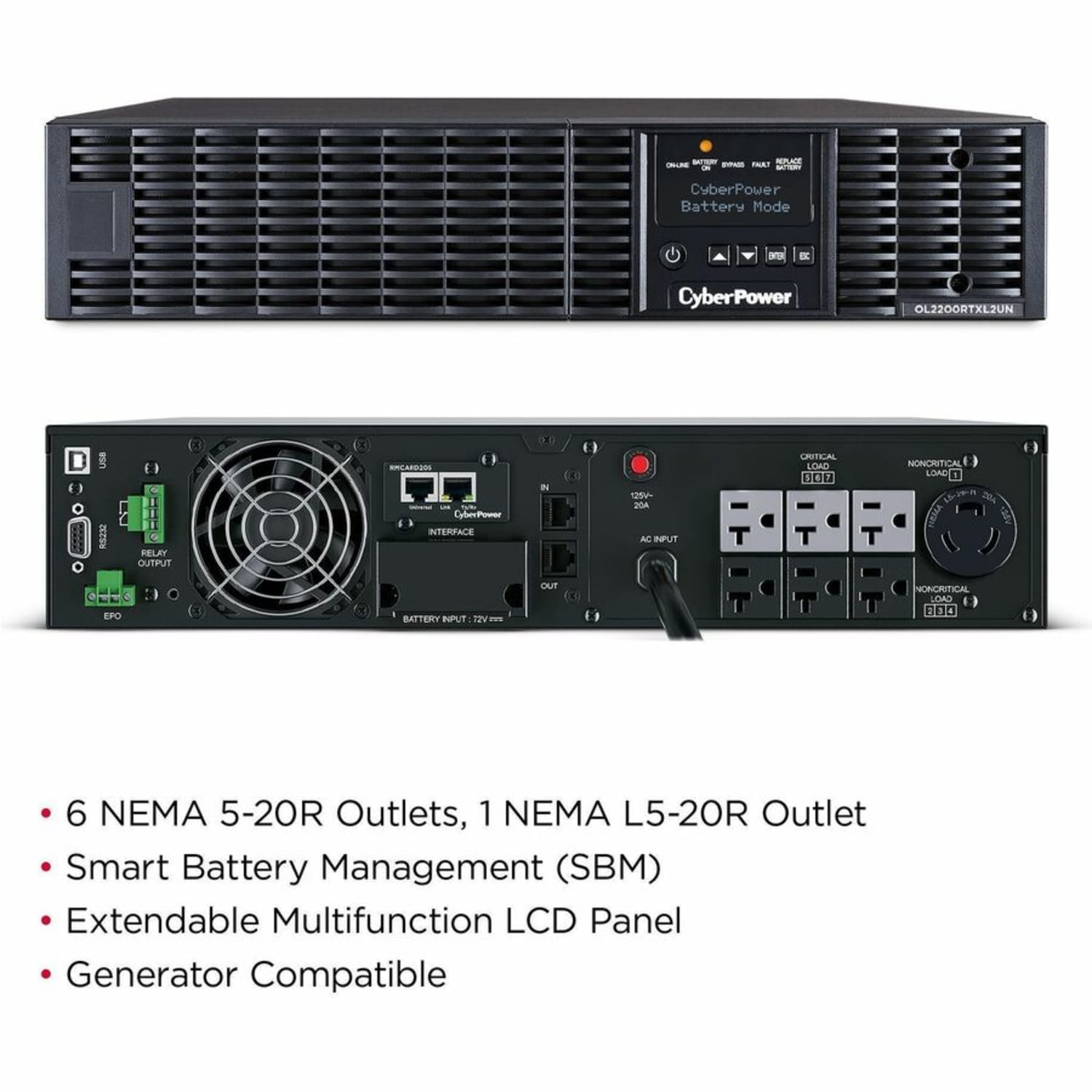 CyberPower OL2200RTXL2UN Smart App Online UPS Systems - 2200VA/1800W, 100 - 125 VAC, NEMA 5-20P, 2U, Rack/Tower, 7 Outlets, LCD- OL2200RTXL2UN - Image 3