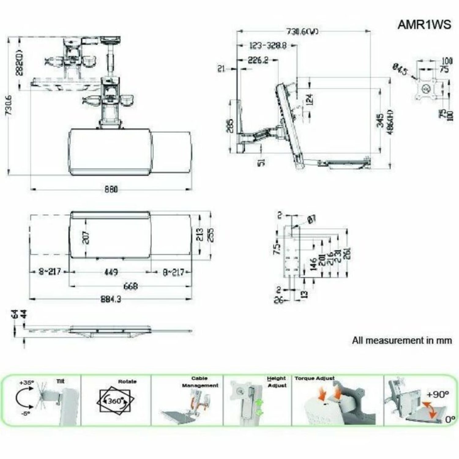 Amer AMR1WS Wall Mount for Flat Panel Display, Monitor, Keyboard, Display - TAA Compliant - Adjustable - AMR1WS - Image 4