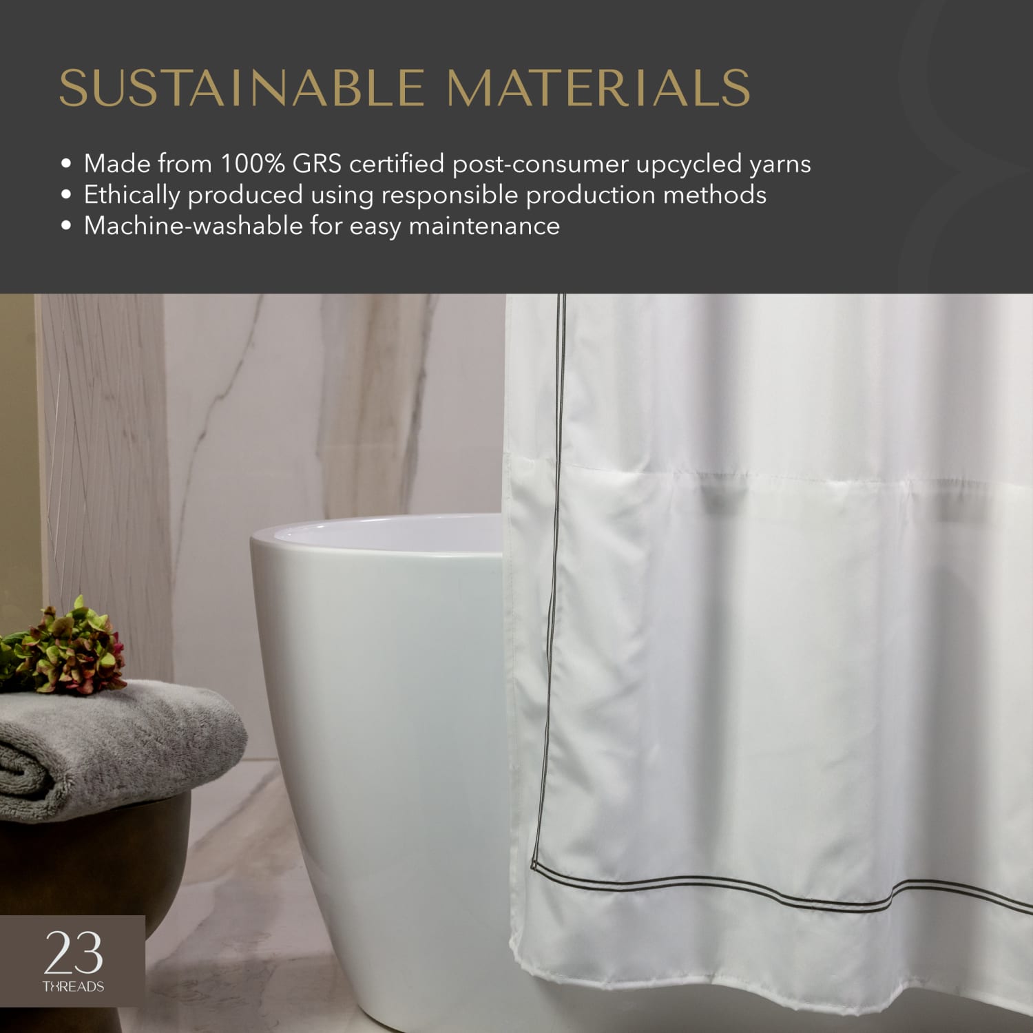 23 Threads Shower Curtain, Embroidered GRS Polyester, Hook-Free, With Window & Short Liner, White/Taupe, 71in x 74in, Case of 12 - Image 5
