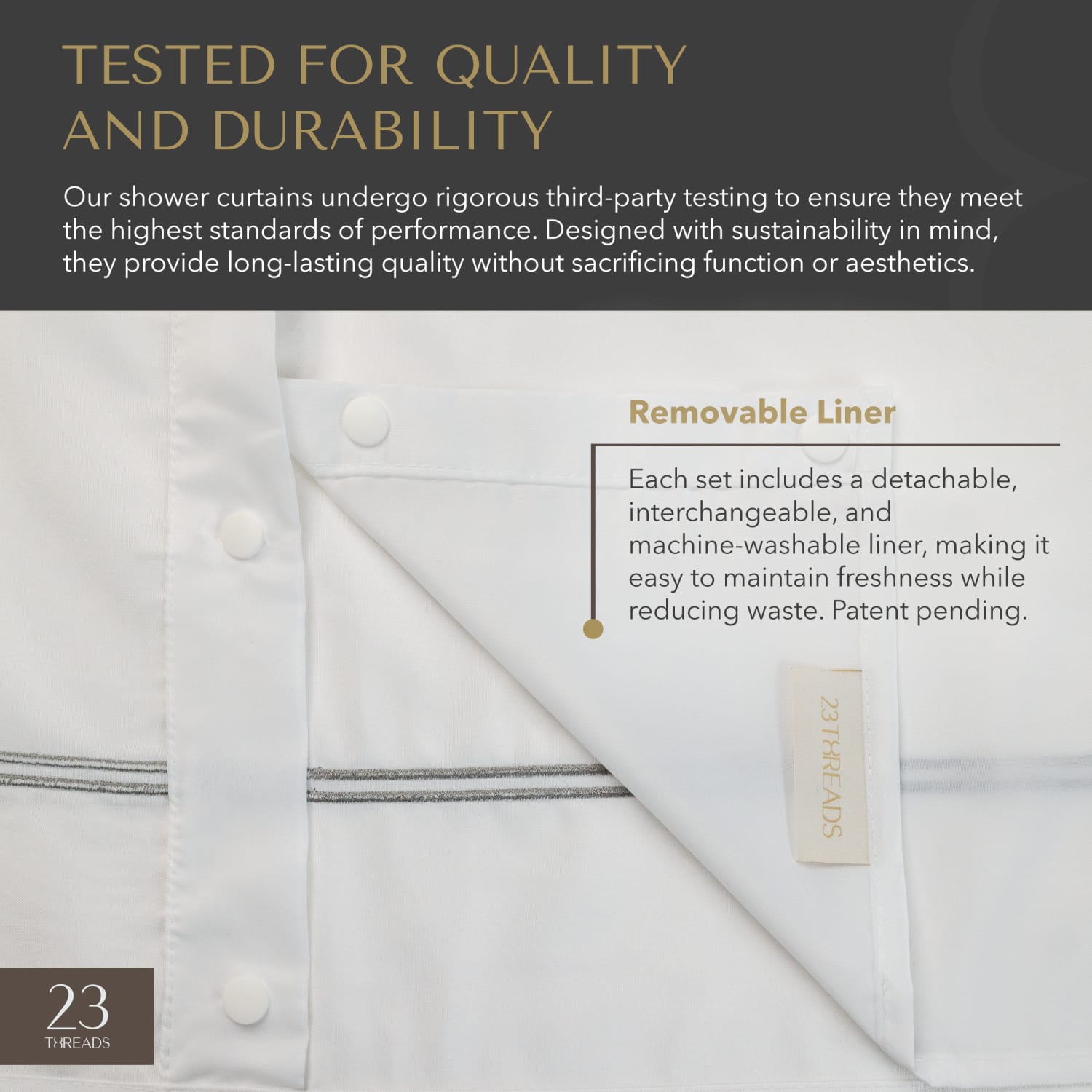 23 Threads Shower Curtain, Embroidered GRS Polyester, Hook-Free, With Window & Short Liner, White/Taupe, 71in x 74in, Case of 12 - Image 6