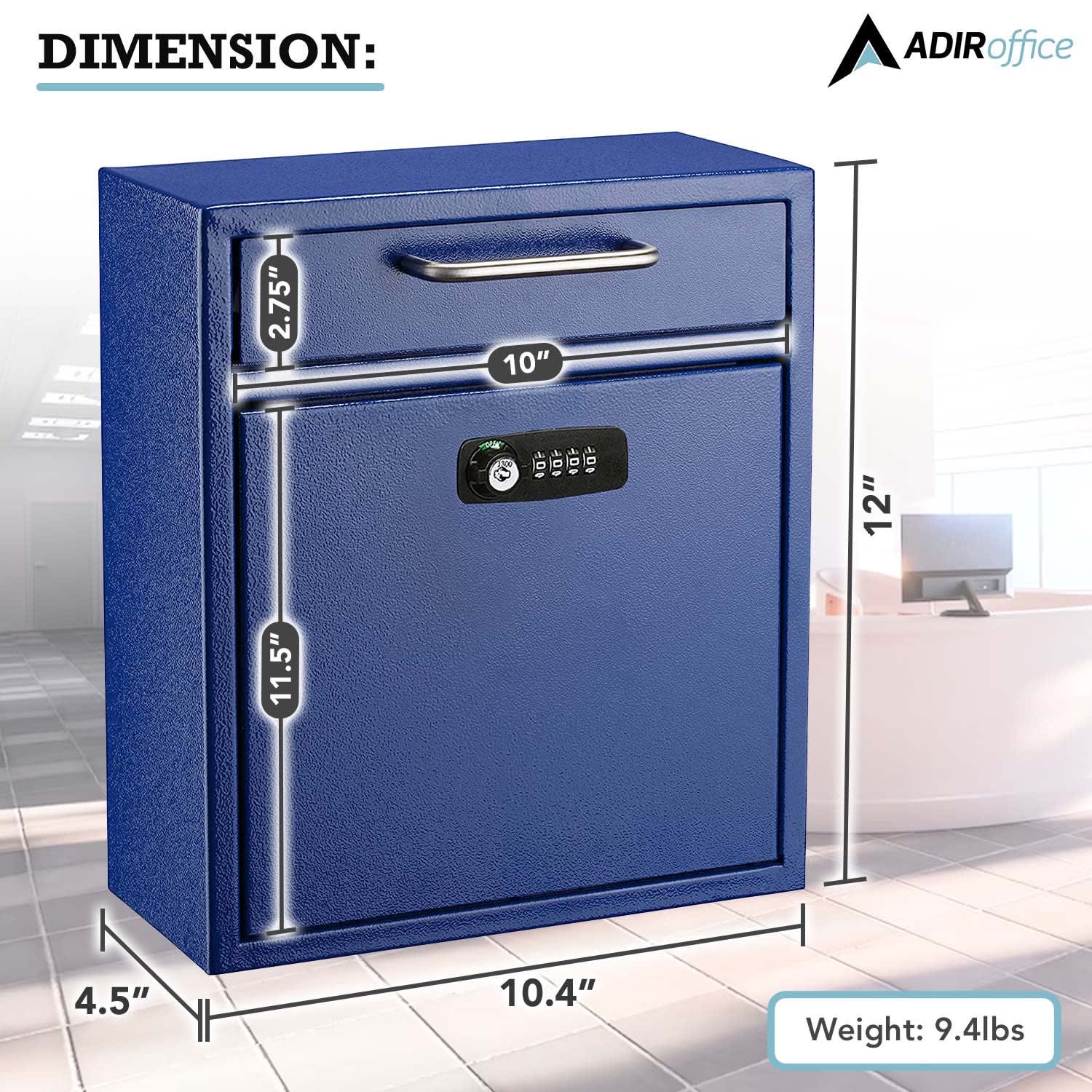 Alpine AdirOffice Medium Drop Box Wall Mounted Locking Mail Box With Key And Combination Lock, 12inH x 10-9/16inW x 4-3/4inD, Blue - Image 5