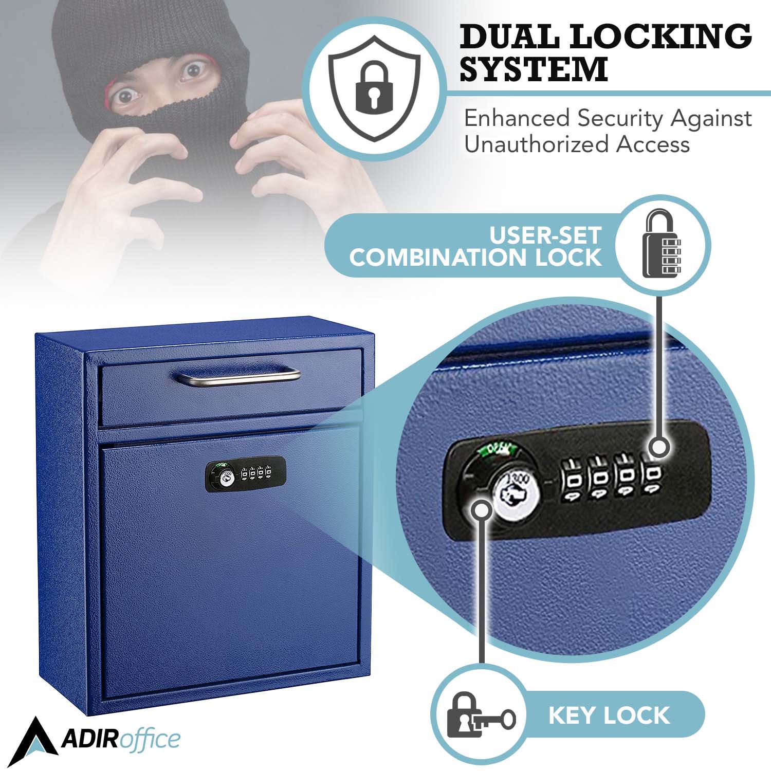 Alpine AdirOffice Medium Drop Box Wall Mounted Locking Mail Box With Key And Combination Lock, 12inH x 10-9/16inW x 4-3/4inD, Blue - Image 6