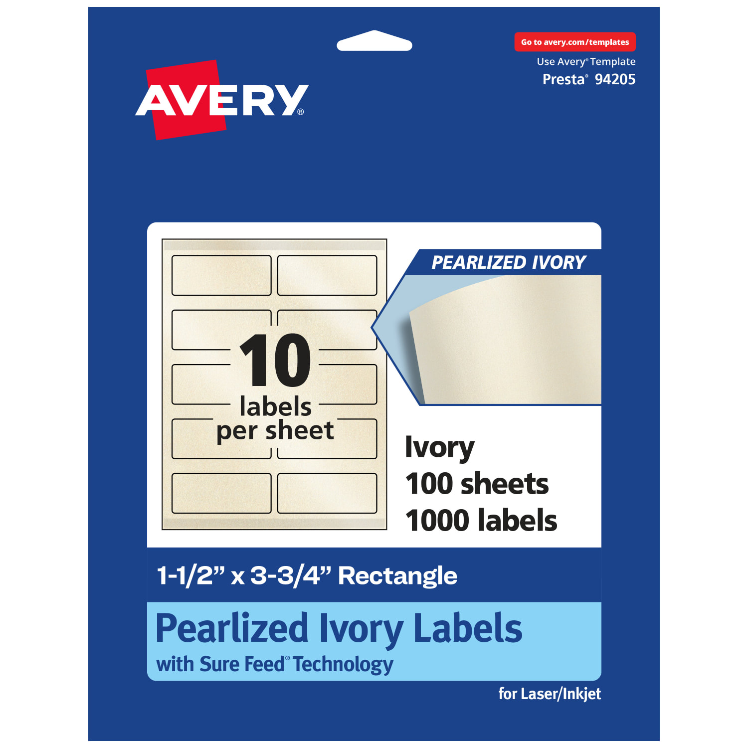 Avery Pearlized Permanent Labels With Sure Feed, 94205-PIP100, Rectangle, 1-1/2in x 3-3/4in, Ivory, Pack Of 1,000 Labels
