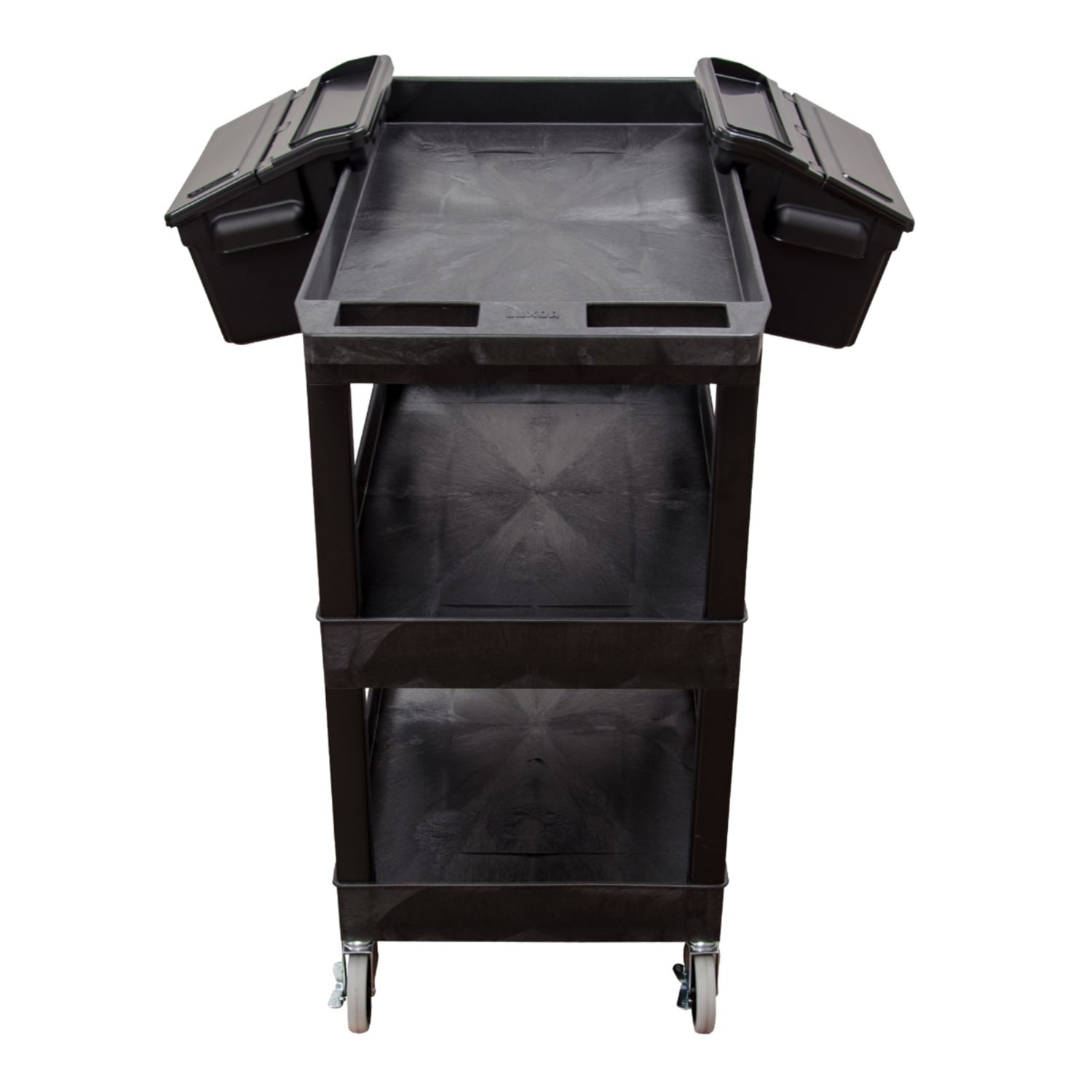 Luxor E-Series 3-Tub Plastic Utility Cart, With Outrigger Accessory Bins, 36-1/4inH x 24inW x 18inD, Black - Image 3