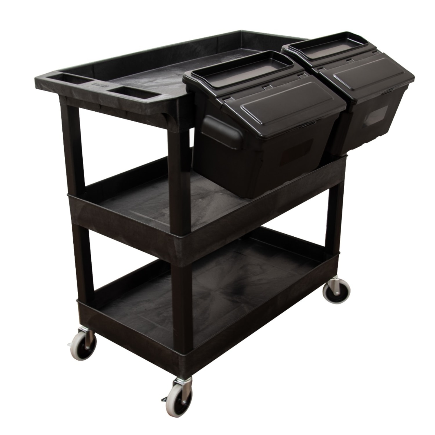 Luxor E-Series 3-Tub Plastic Utility Cart, With Outrigger Accessory Bins, 36-1/4inH x 24inW x 18inD, Black - Image 4