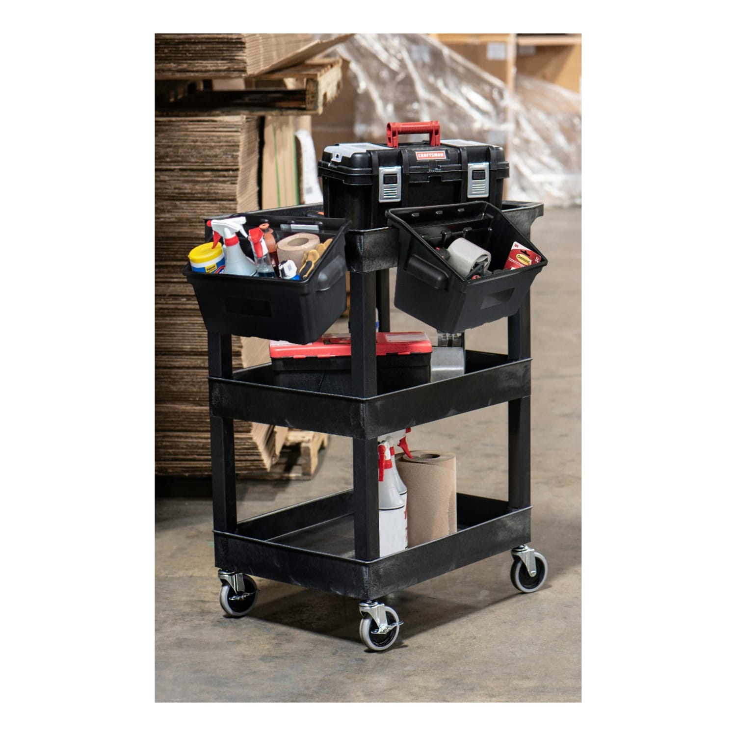Luxor E-Series 3-Tub Plastic Utility Cart, With Outrigger Accessory Bins, 36-1/4inH x 24inW x 18inD, Black - Image 5