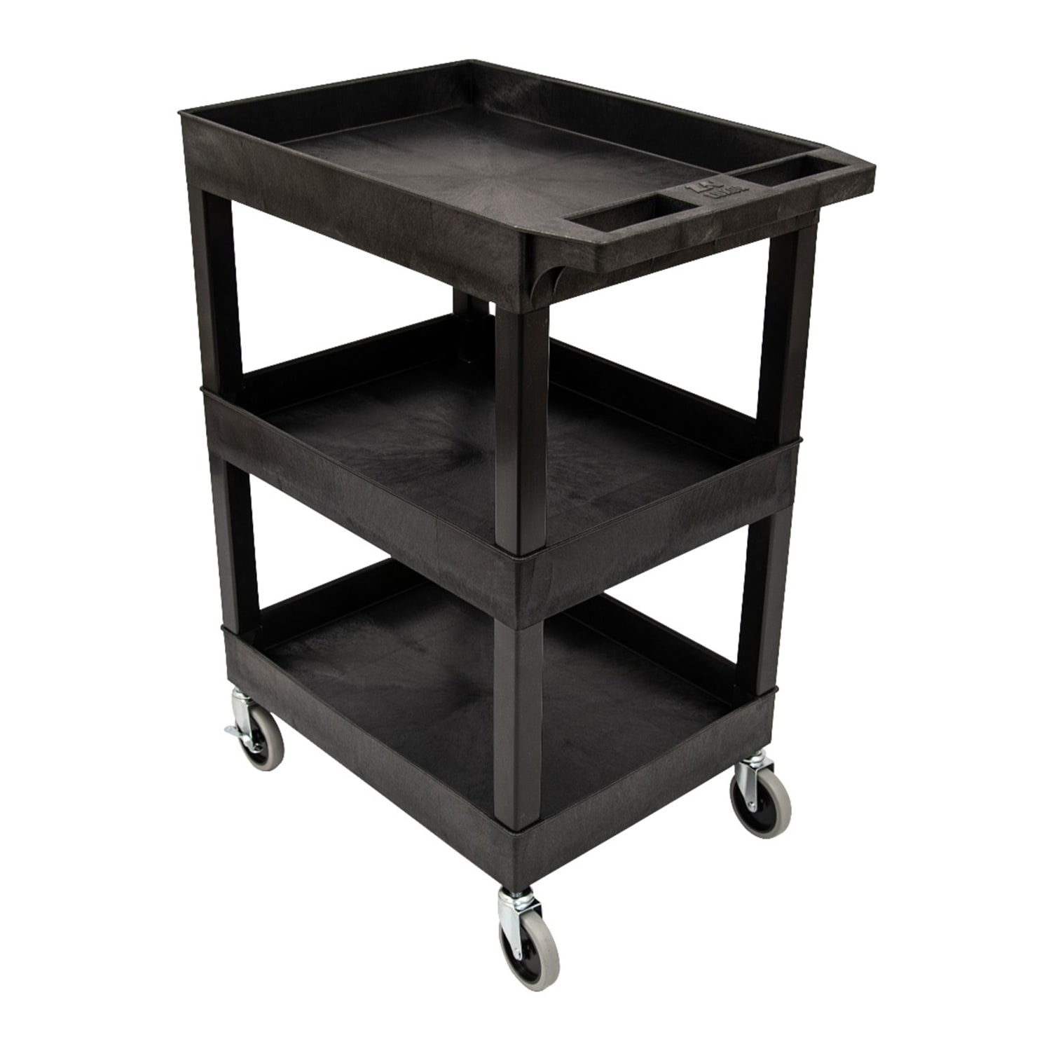 Luxor E-Series 3-Tub Plastic Utility Cart, With Outrigger Accessory Bins, 36-1/4inH x 24inW x 18inD, Black - Image 6