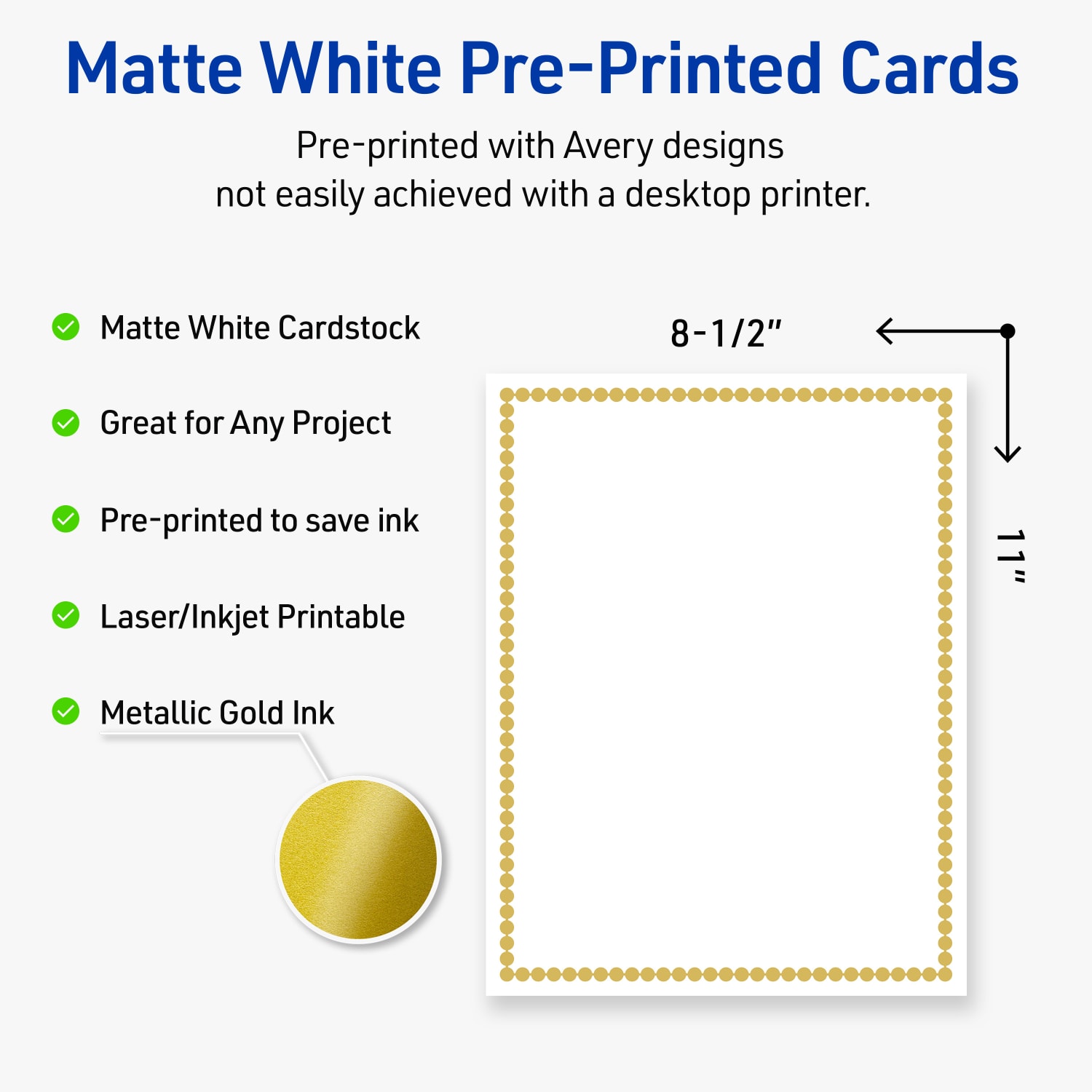 Avery Printable Cards, 8-1/2in x 11in, Matte White With Preprinted Gold Bead Design, Pack Of 10 - Image 4
