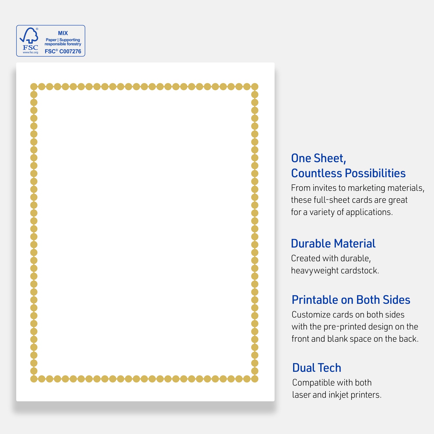 Avery Printable Cards, 8-1/2in x 11in, Matte White With Preprinted Gold Bead Design, Pack Of 10 - Image 5