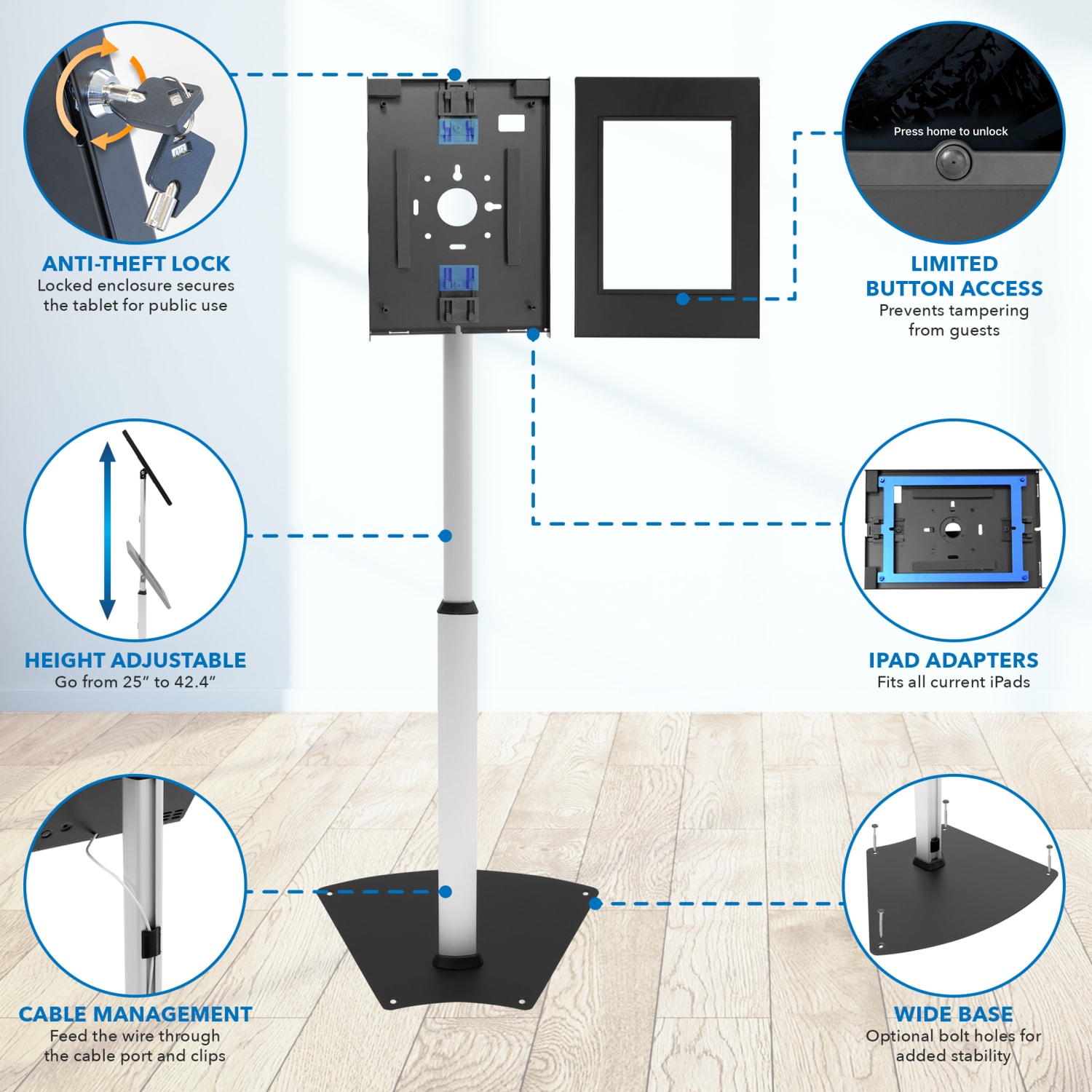 Mount-It! Anti-Theft Tablet Height Adjustable Floor Stand, 3inH x 14-1/2inW x 29-1/4inD, Black/Silver - Image 6