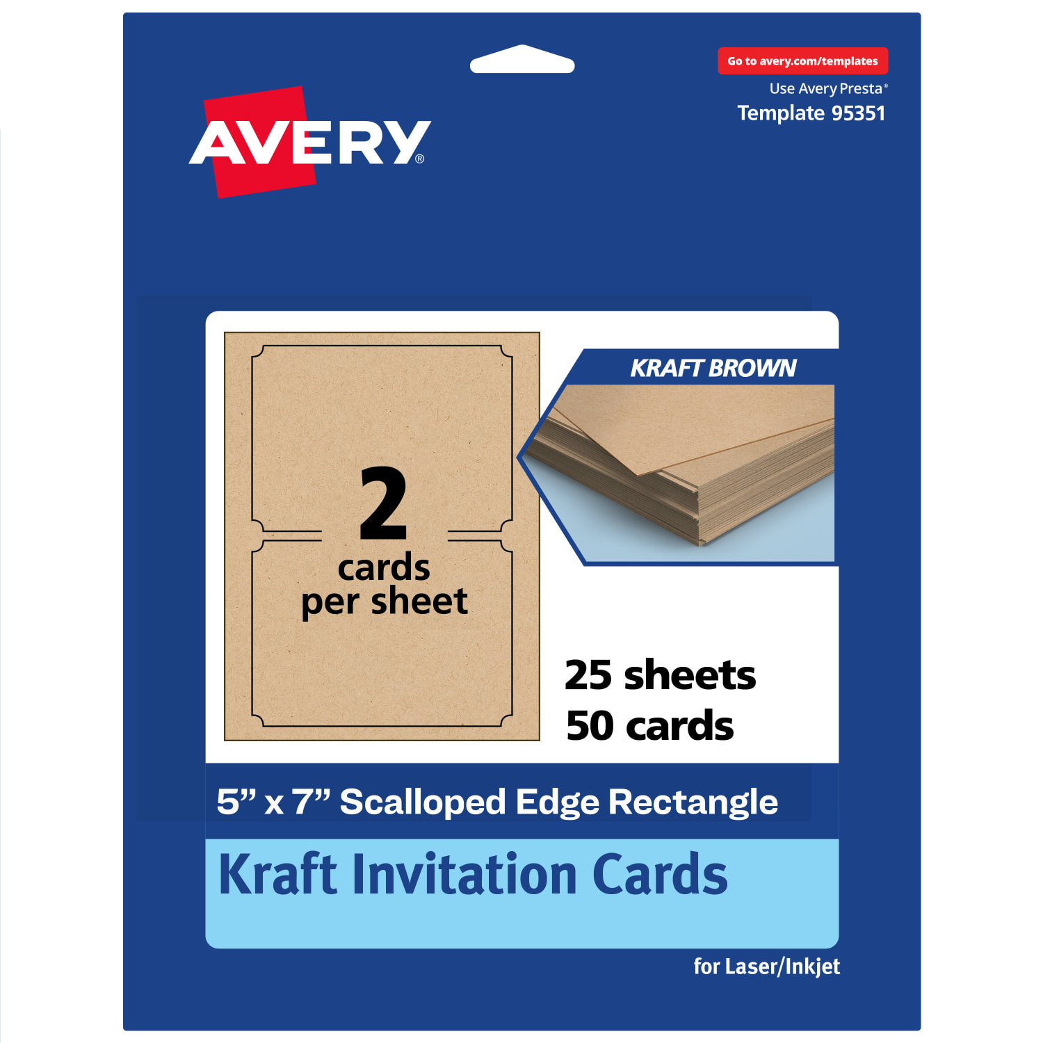 Avery Printable Invitation Cards, 5in x 7in Rectangle Scalloped Edge, Kraft Brown, Pack Of 50