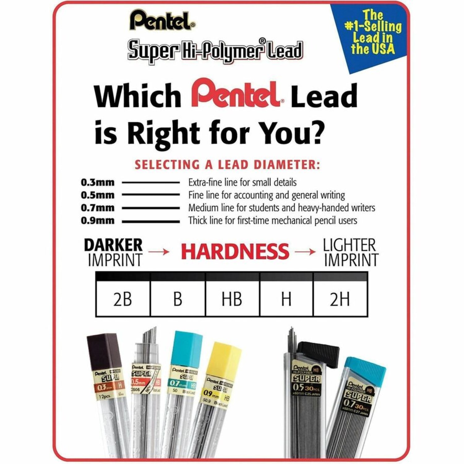 Pentel Super Hi-Polymer Leads - 0.5 mm , Fine Point - HB - Black Lead - 30 Tube - 12 / Box - Image 4