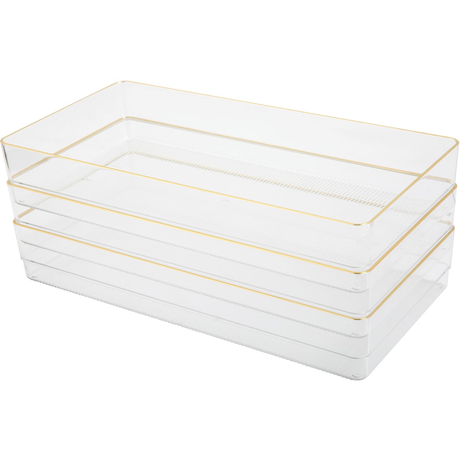 Martha Stewart Kerry Plastic Stackable Office Desk Drawer Organizers, 2inH x 6inW x 12inD, Clear/Gold Trim, Pack Of 3 Organizers