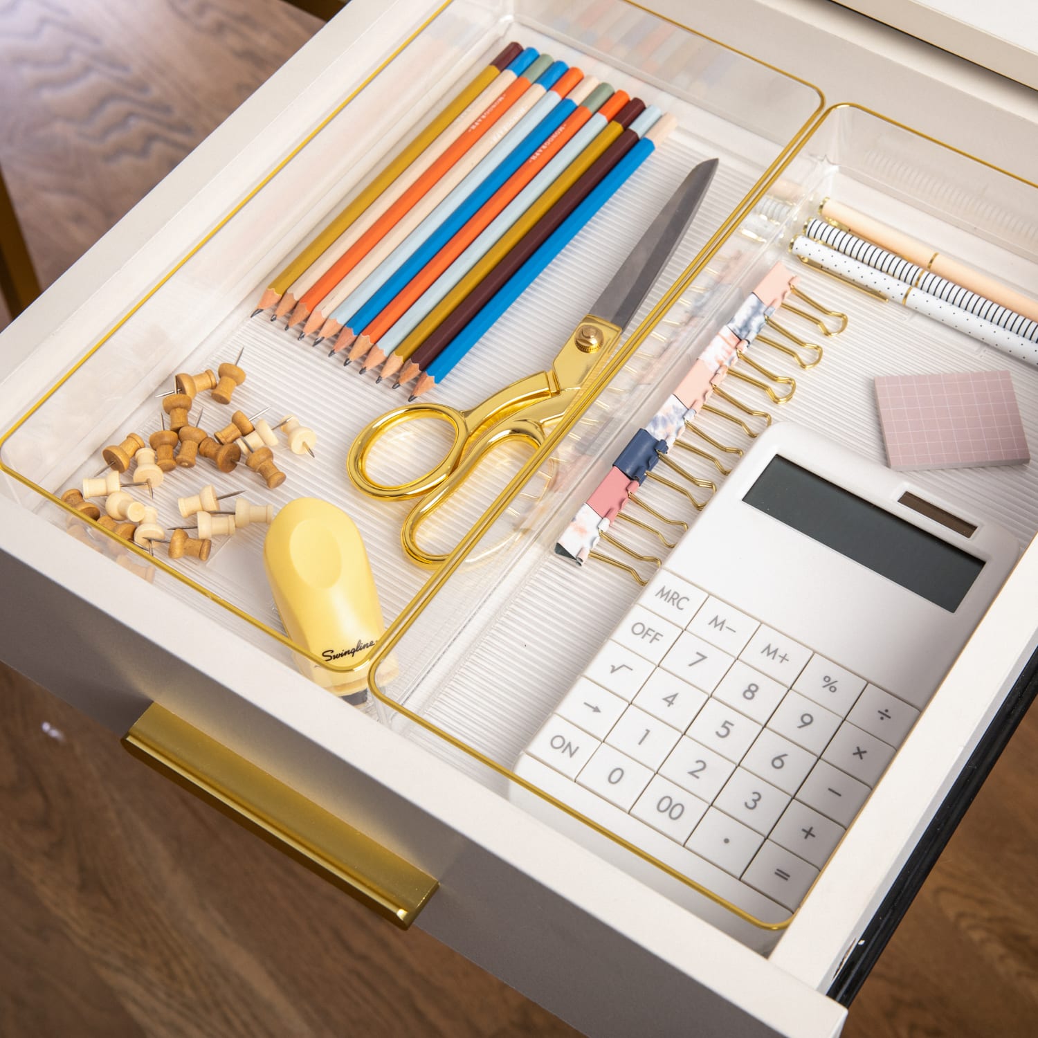 Martha Stewart Kerry Plastic Stackable Office Desk Drawer Organizers, 2inH x 6inW x 12inD, Clear/Gold Trim, Pack Of 3 Organizers - Image 3