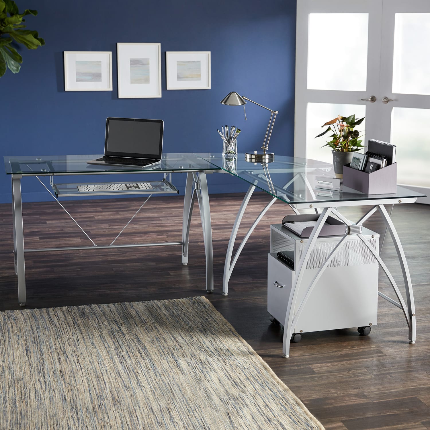 Realspace Vista Glass 76inW L-Shape Corner Desk, Silver