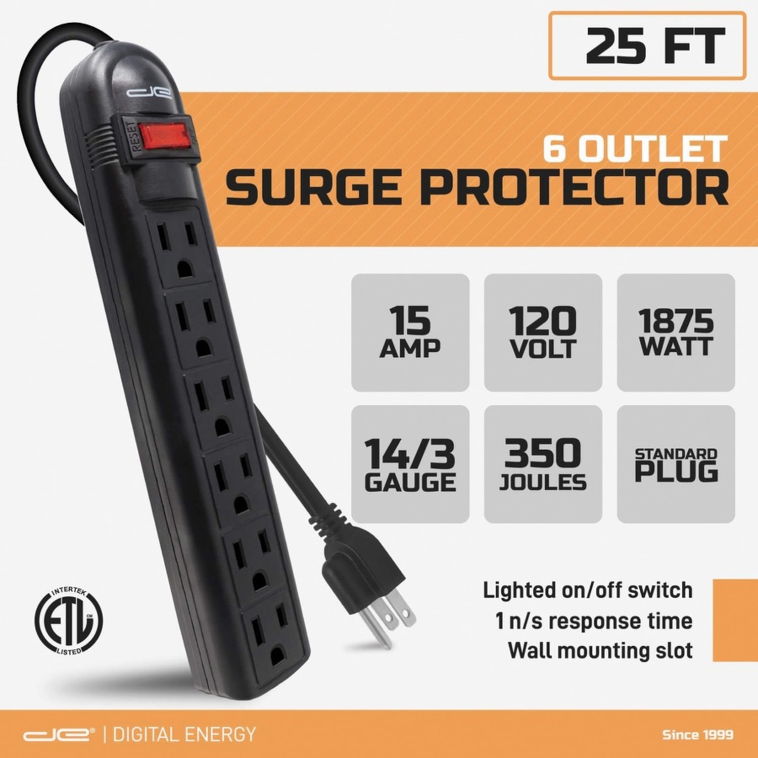 Digital Energy World 6-Outlet Surge Protector Power Strip with 25-Foot Cord (Black) - 6 x AC Power - 1875 VA - 350 J - 120 V AC Input - Image 5